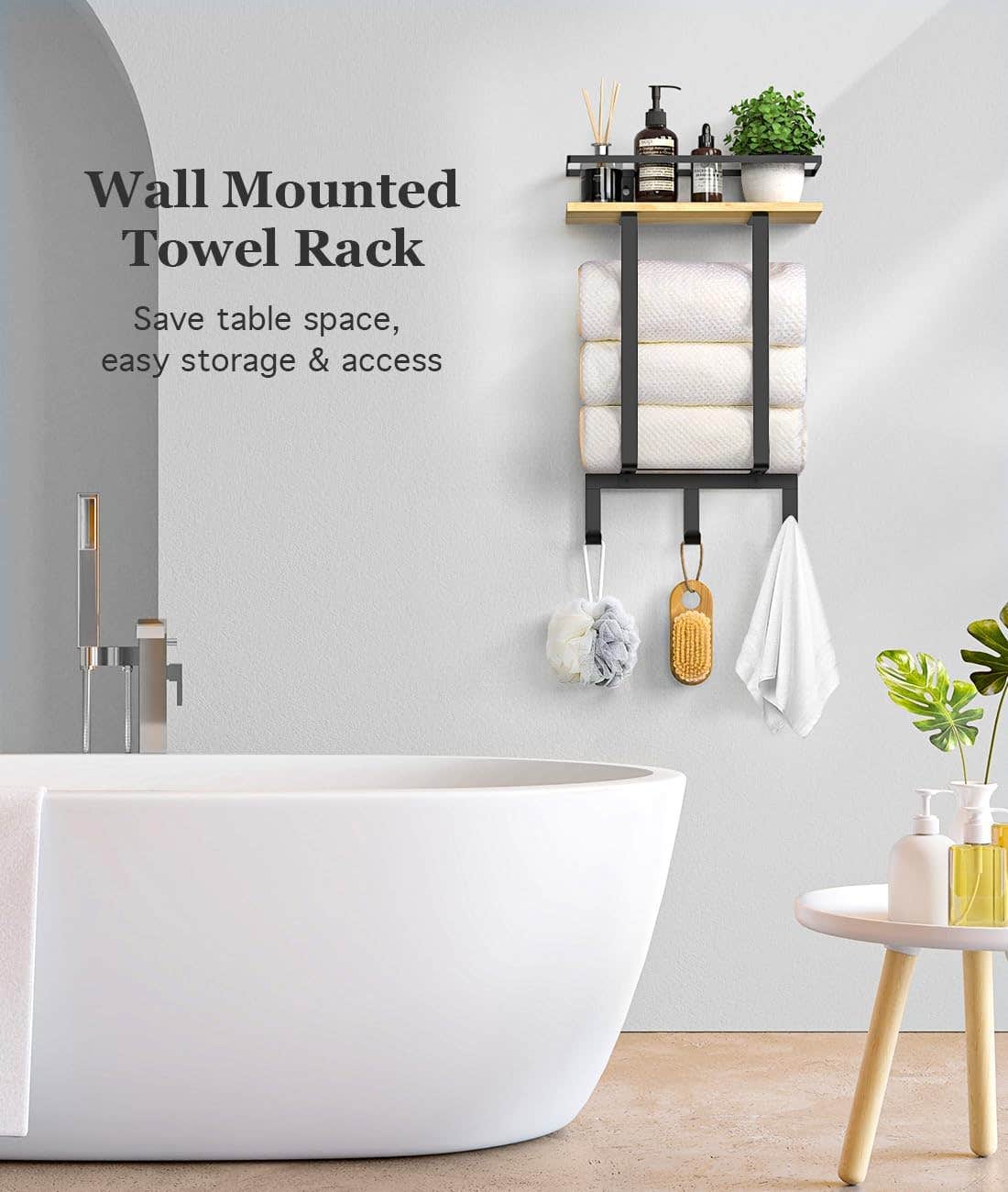 Luxspire Bathroom Towel Rack with Shelf and Hooks - Black/Wood, Wall Mount
