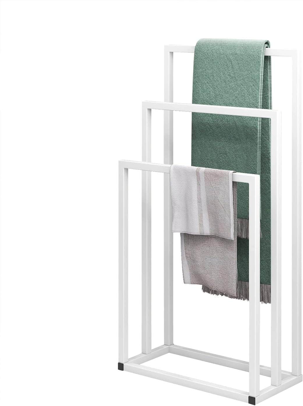 White Towel Holder, 3 Tiers, Metal, Vertical Design, Bathroom
