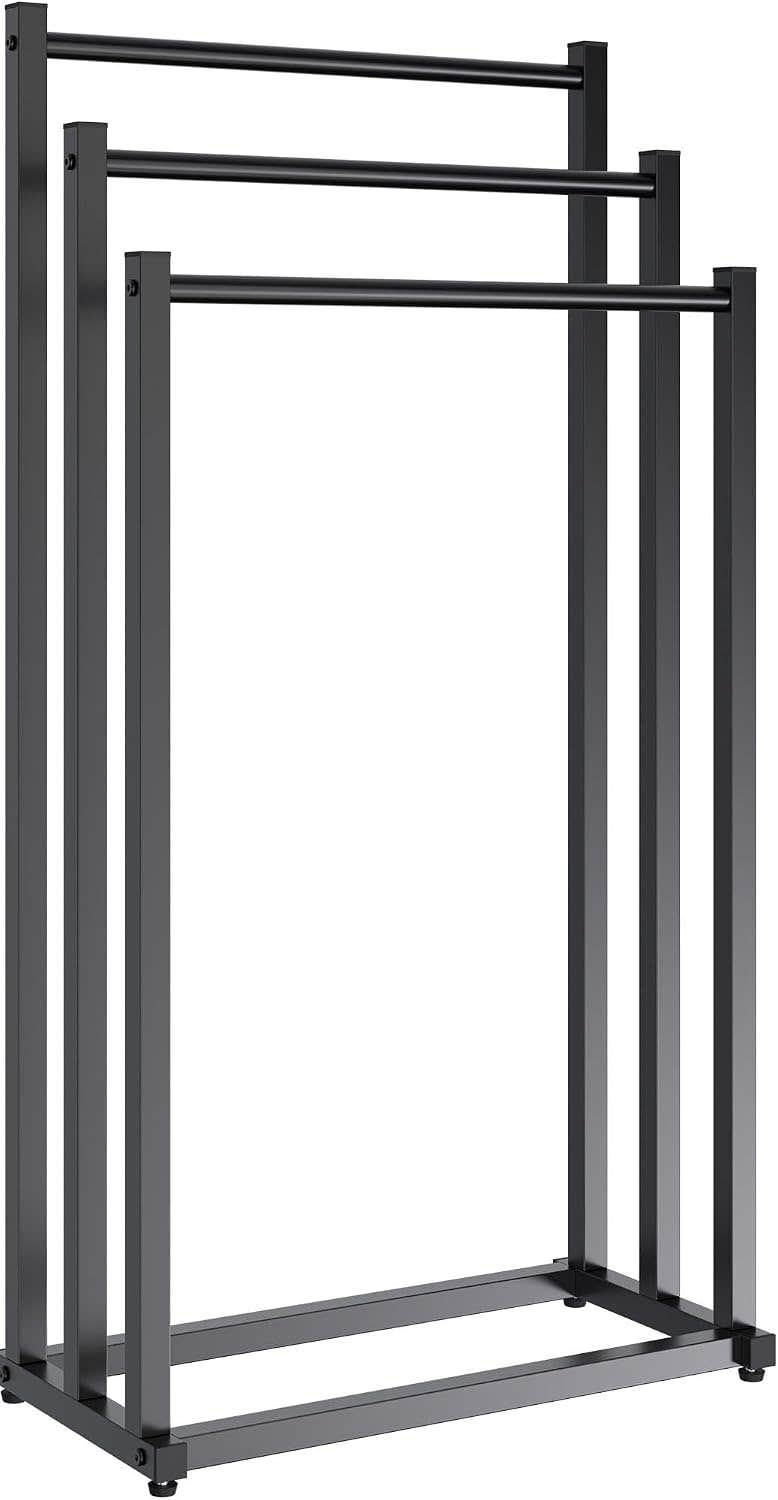 CLP Anoka Black Towel Rail Stand with 3 Rails - Metal - Freestanding