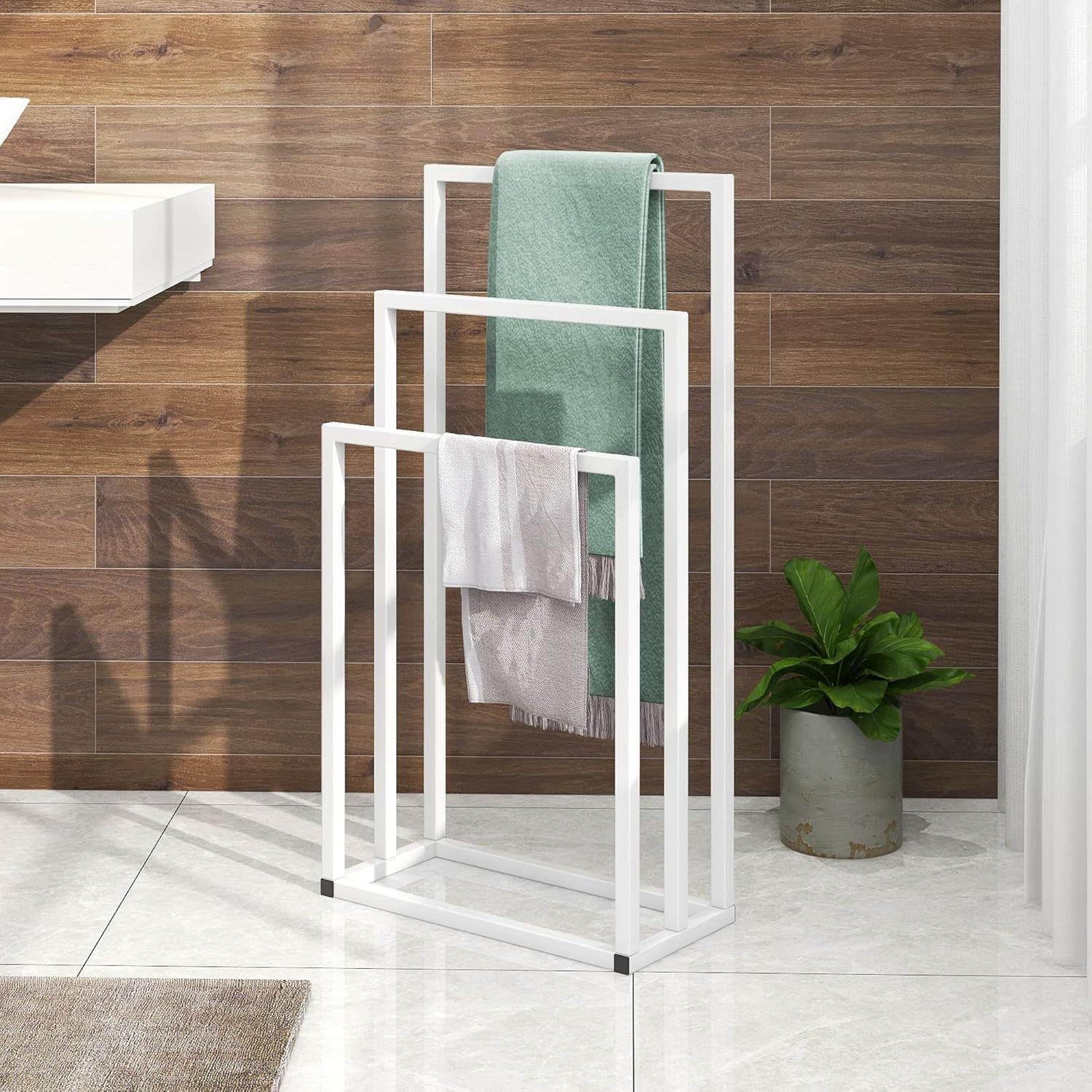HOJINLINERO White Metal 3-Tier Towel Rack - Freestanding Bathroom Organizer