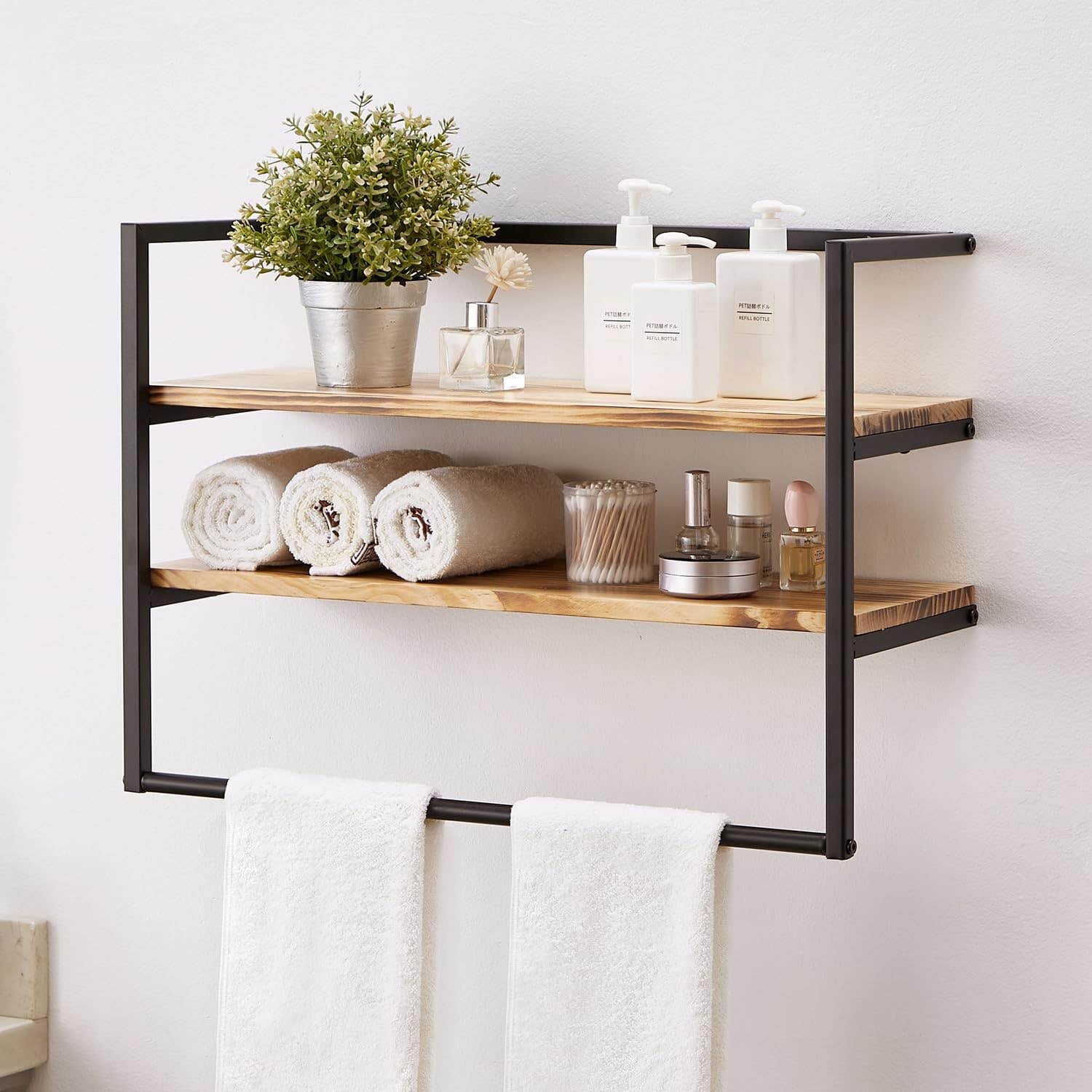 Roeveca Matte Black 2 Tier Bathroom Wall Shelf with Towel Bar
