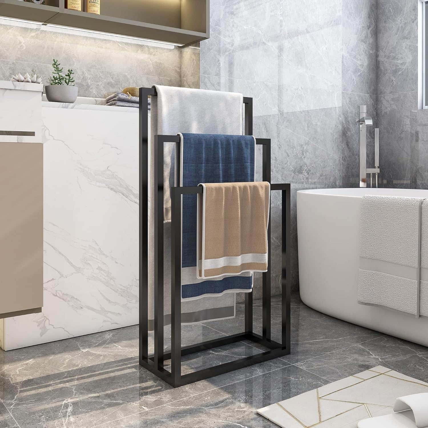HOJINLINERO 3 Tiers Black Metal Towel Rack,Freestanding Towel Holder for Bathroom