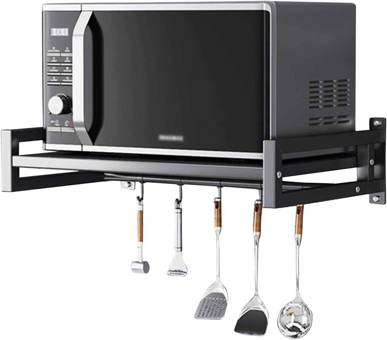 Microwave Wall Shelf, Black, Metal, Foldable with Utensil Hooks, Space Saving Kitchen Shelf