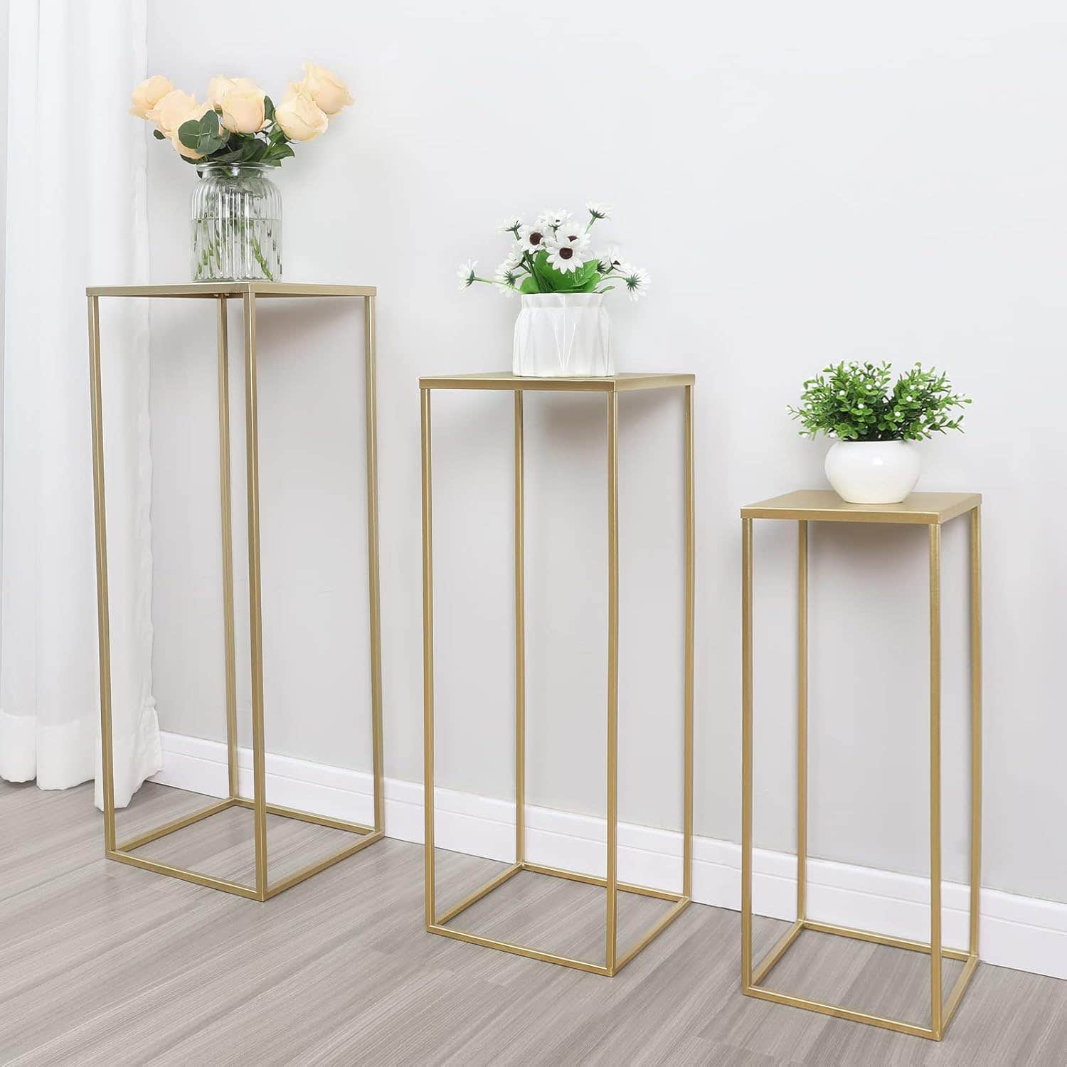 airogym Set of 3 Metal Plant Stand Golden Nesting Display End Table Tall Pedestal Cylinder Rack, Indoor Outdoor Flower Holder Corner Planter Pot Rack for Parties Home Decor, Patio Weddings Ceremony