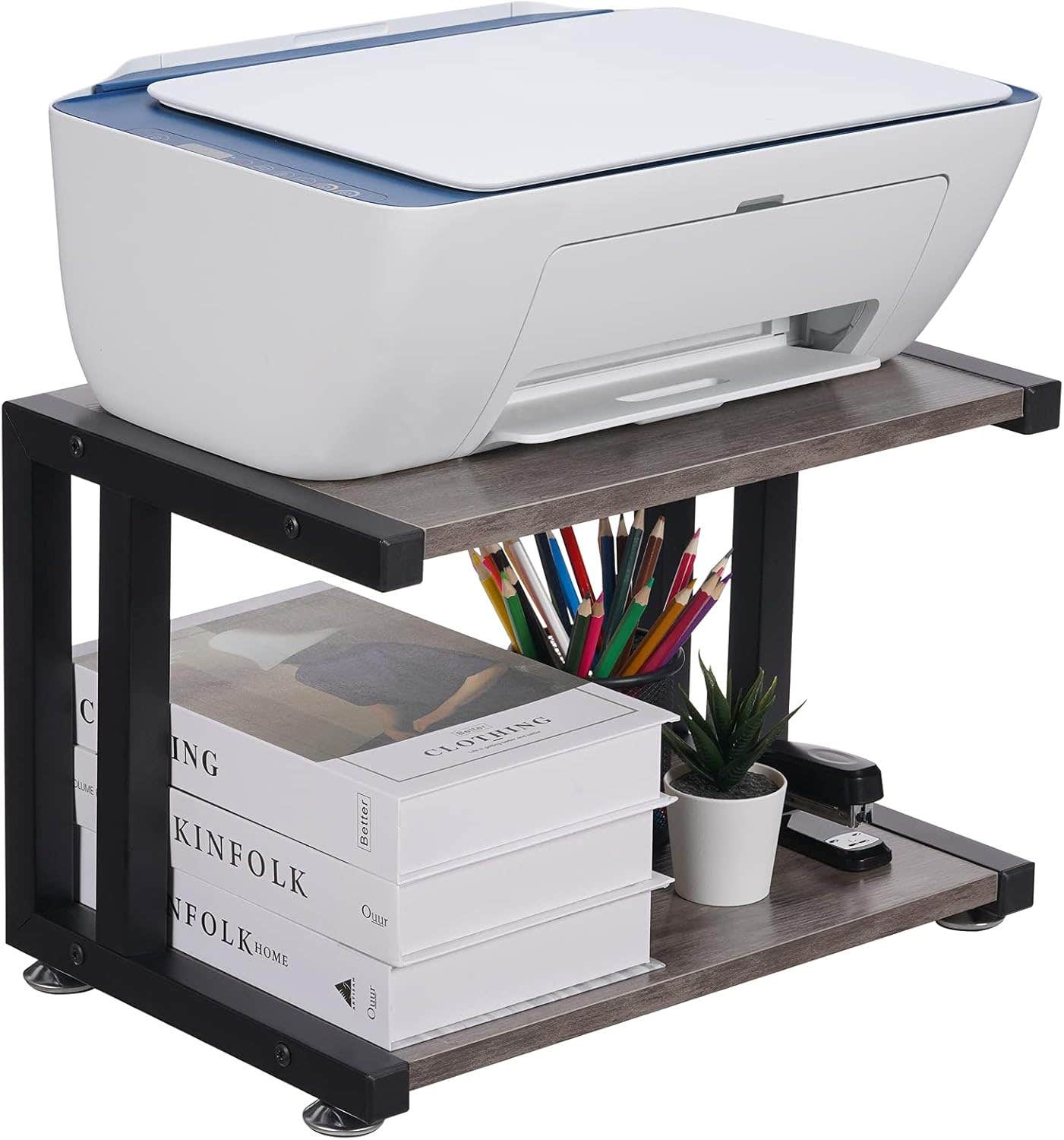 Giikin 2-Tier Printer Stand with Storage Shelves, Rustic Gray Wood Organizer