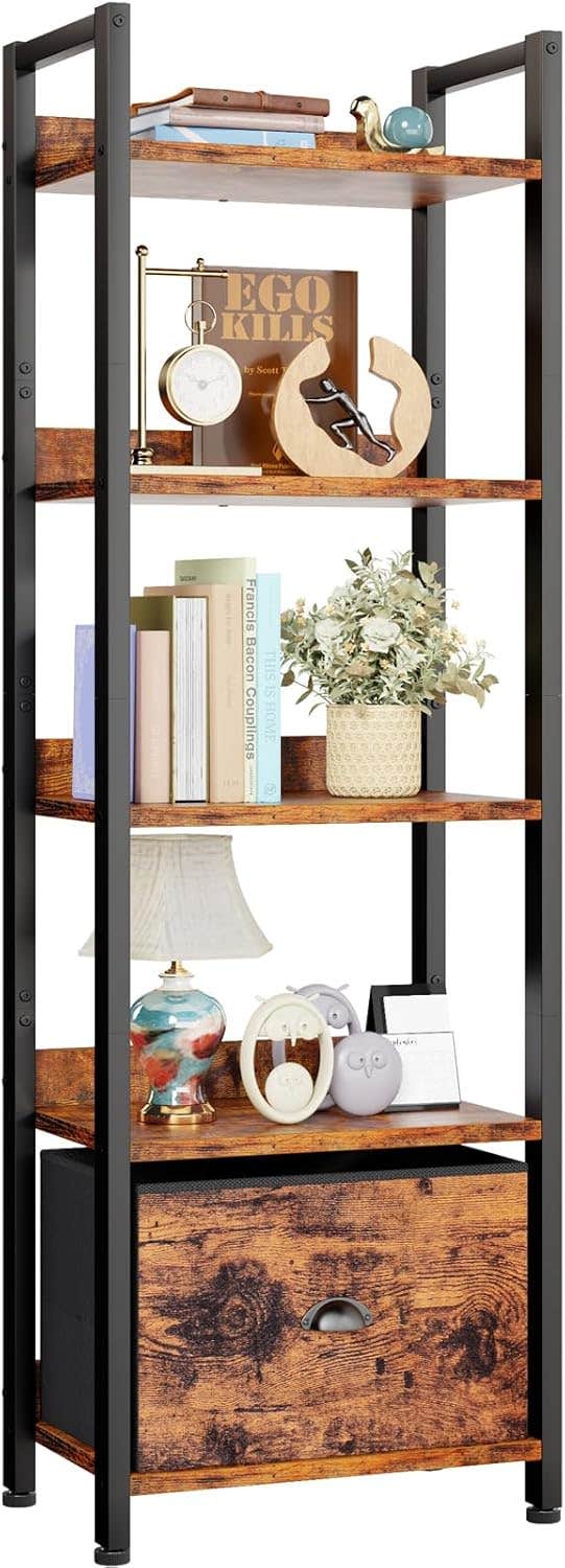Furologee 5 Tier Rustic Brown Bookshelf with Drawer - Industrial Standing Shelf Unit