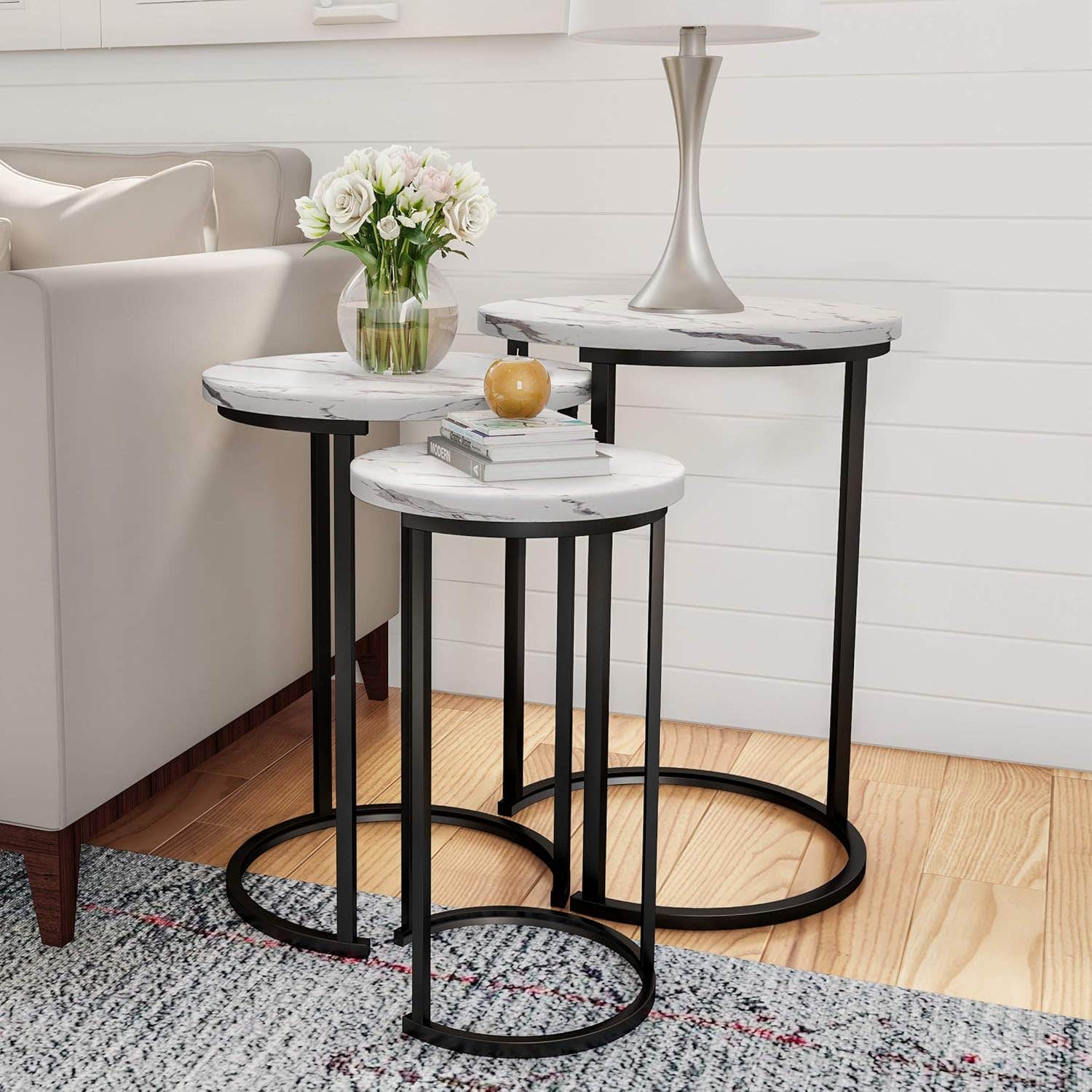Lavish Home 3-Piece Round White Marble Nesting Tables - Modern Living Room Furniture