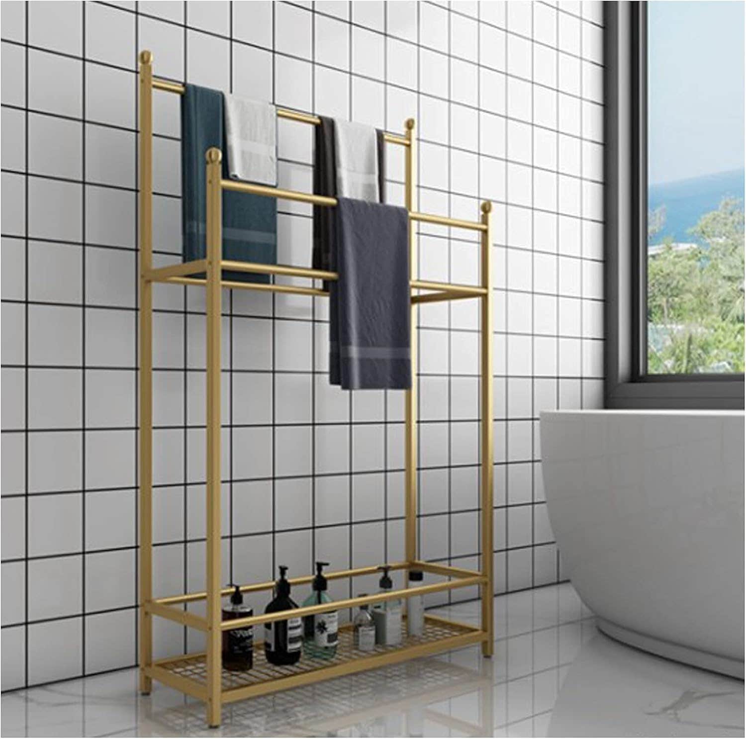 Floor Standing Towel Stand with 4 Bars, 3 Tier Metal Towels Hanger
