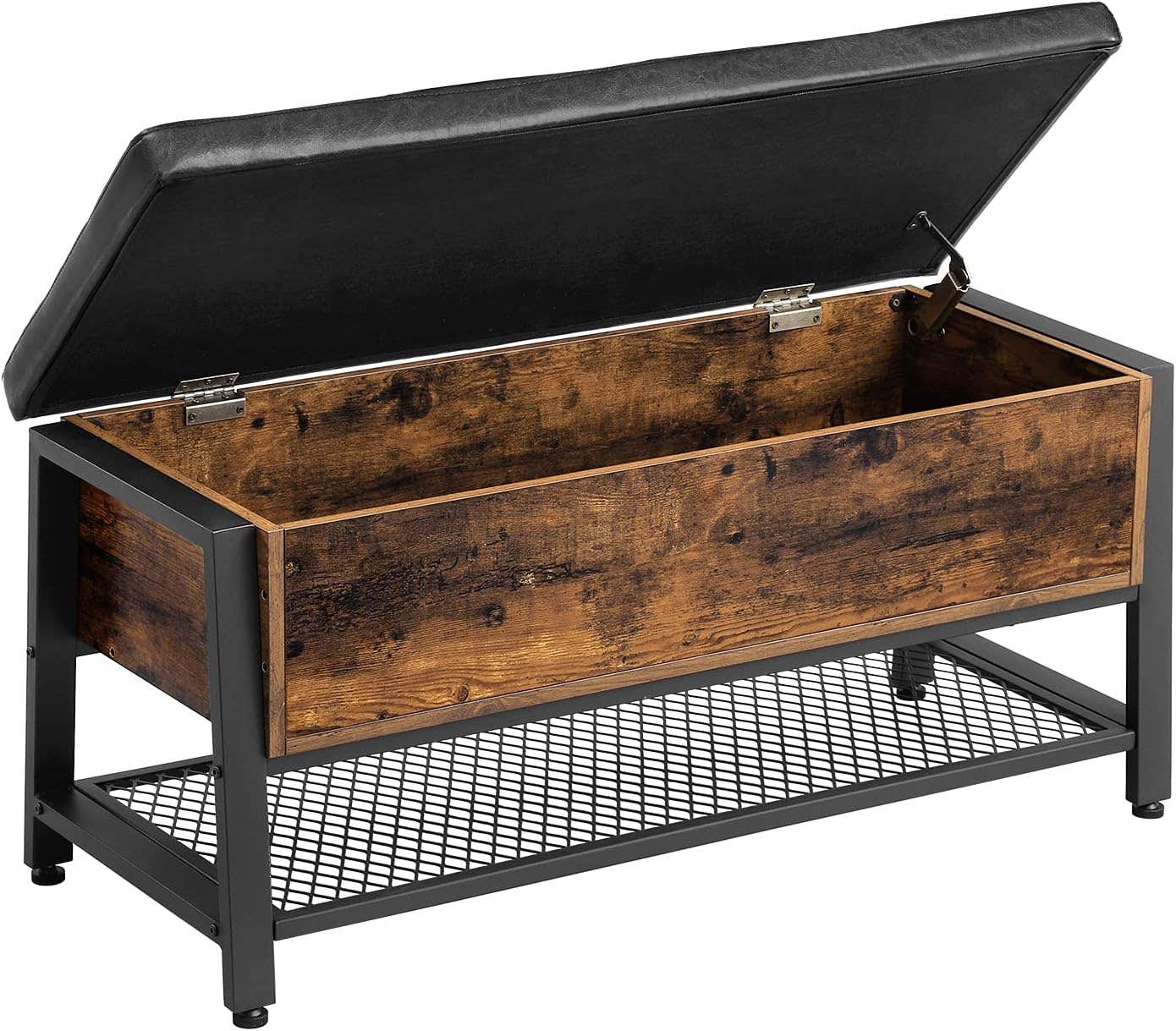 VASAGLE Industrial Storage Bench with Padded Seat and Metal Shelf, Rustic Brown + Black