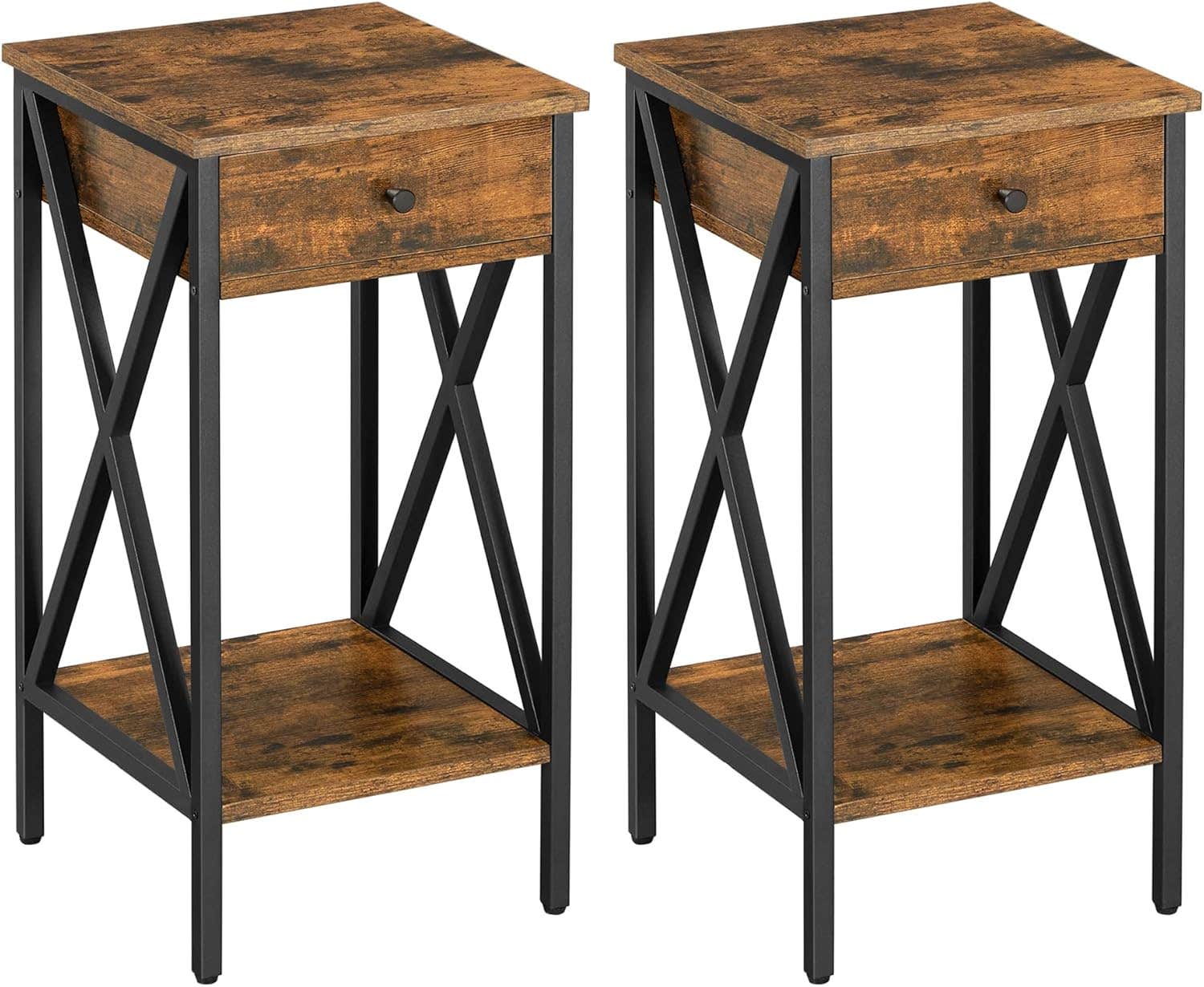 VASAGLE Industrial Rustic Brown and Black Nightstand Set of 2 with Drawer