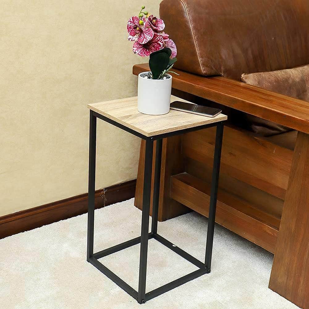 Yatai Square End Table with Sturdy Metal Frame - Brown Wood Nightstand