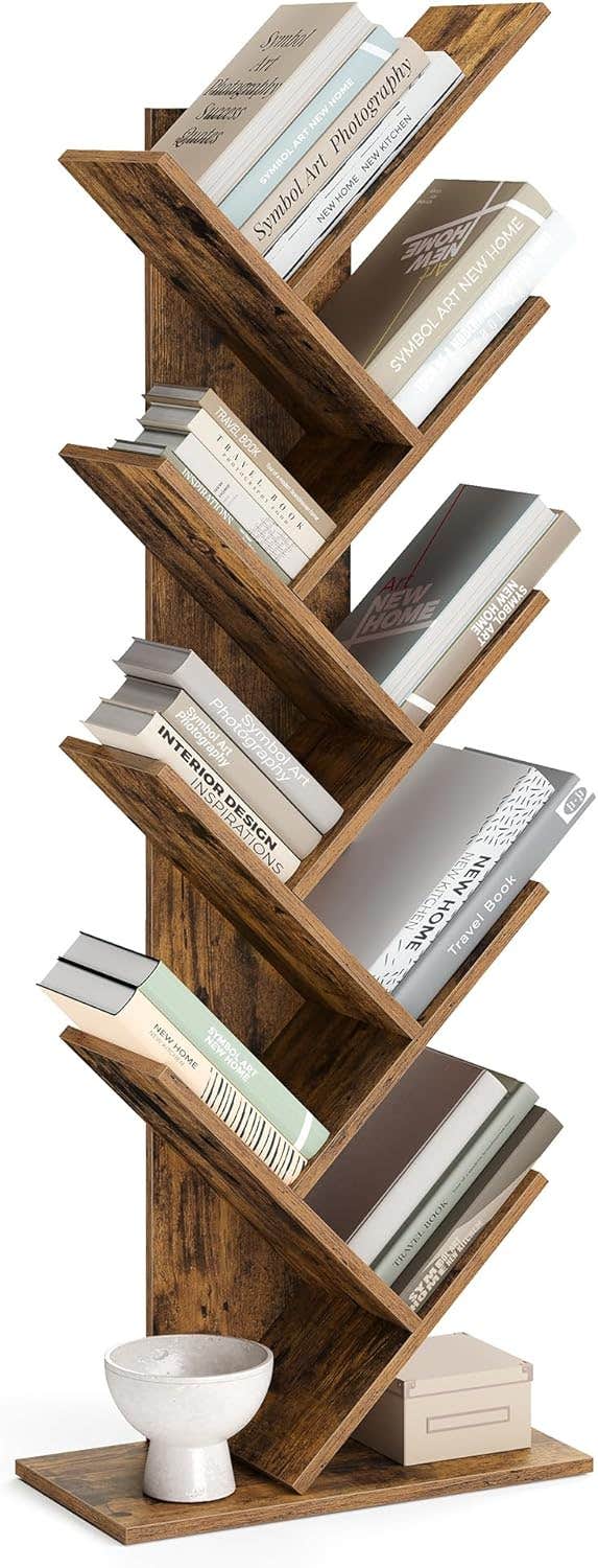 VASAGLE Tree Bookshelf, 8-Tier Floor Standing Bookcase, with Wooden Shelves for Living Room, Home Office, Rustic Brown LBC11BX