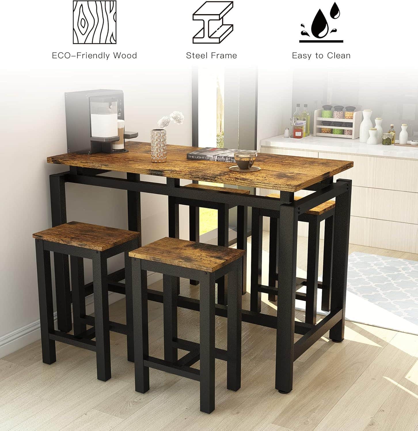 MIERES 5-Piece Dining Table Set for 4 with Bar Stools, Vintage Brown