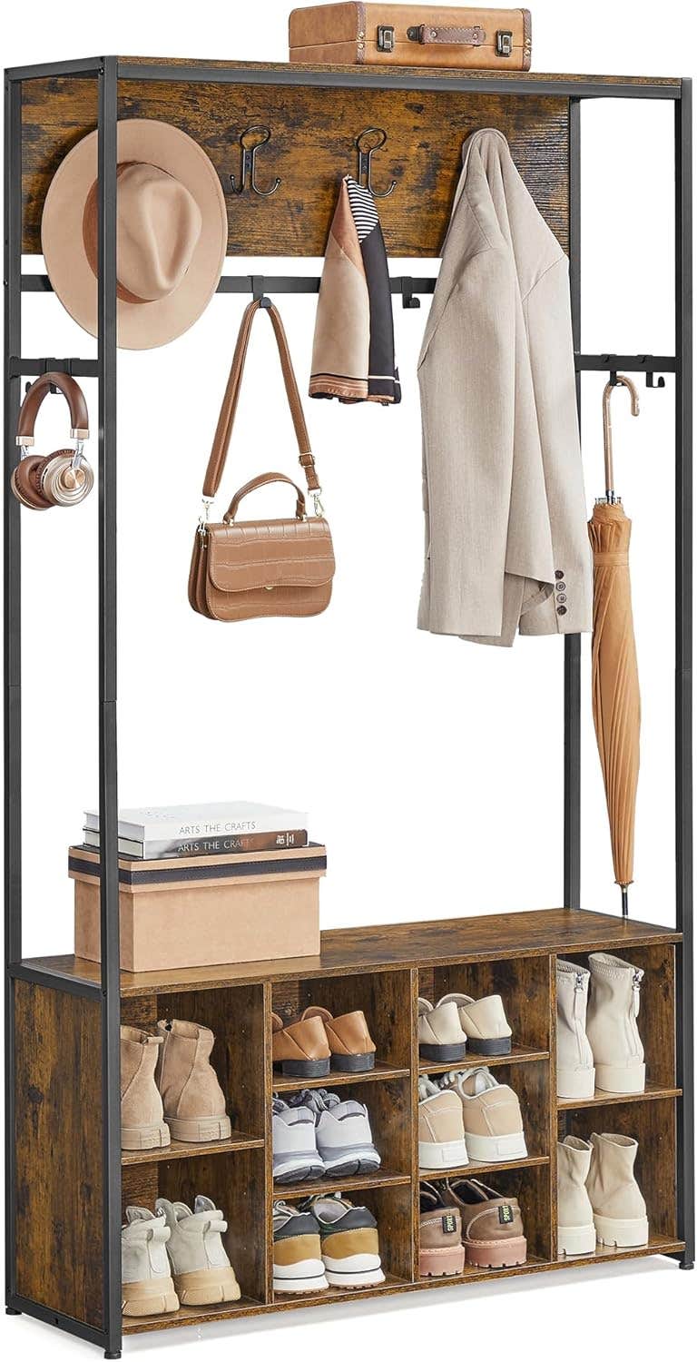 VASAGLE Industrial Style Hall Tree with Bench and Shoe Storage, Coat Rack - Rustic Brown + Ink Black