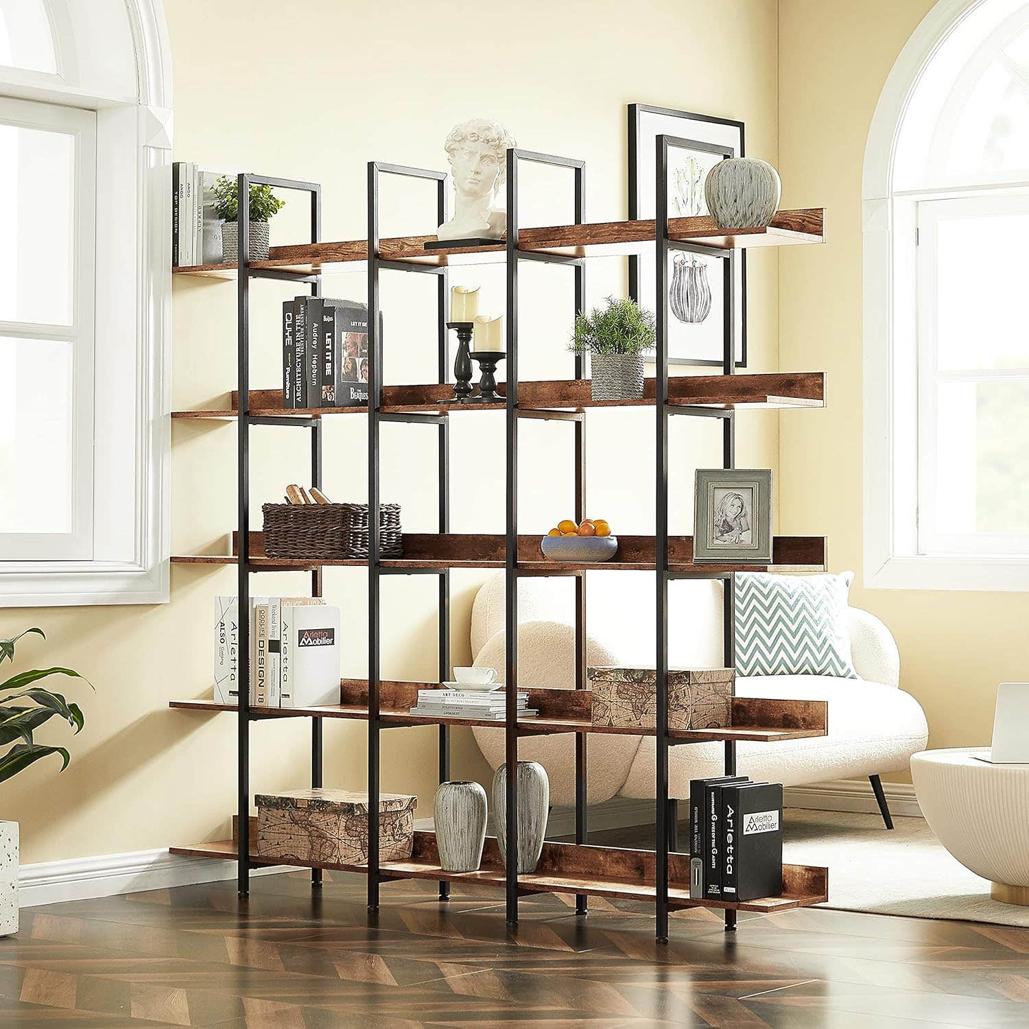 5-Tier Industrial Style Bookcase - Vintage Steel Standing Large Open Bookshelf - Display Shelves for Home Office Brown