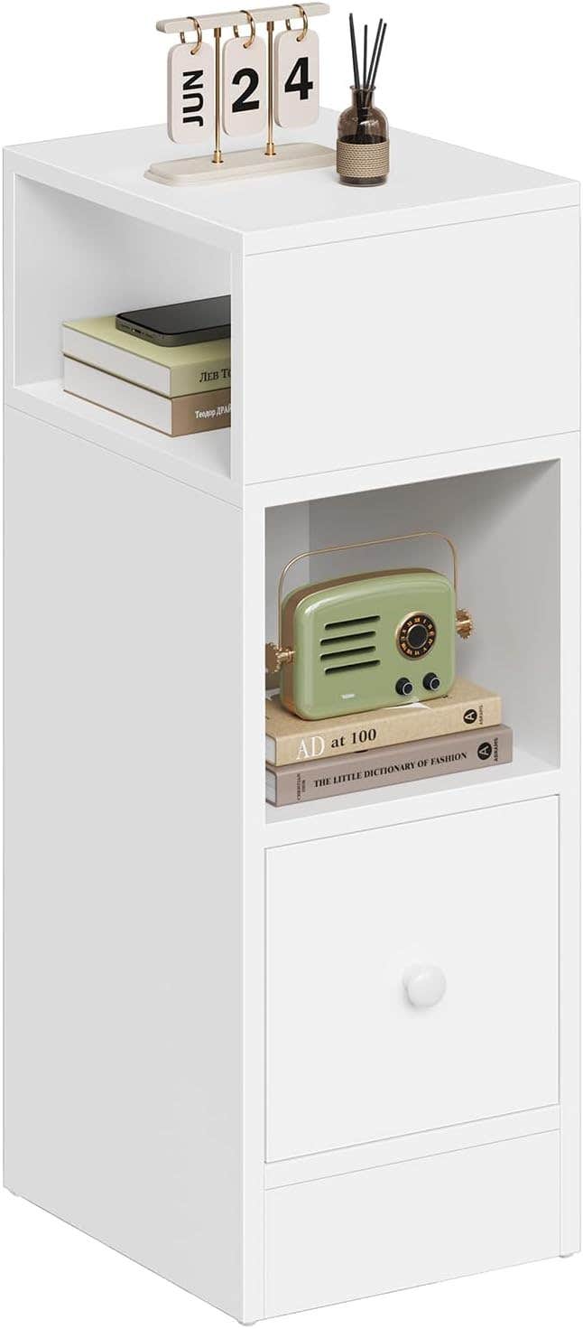 EUGAD Modern White Bedside Table, 25x30x66 cm, 1 Drawer, 2 Open Compartments, Nightstand