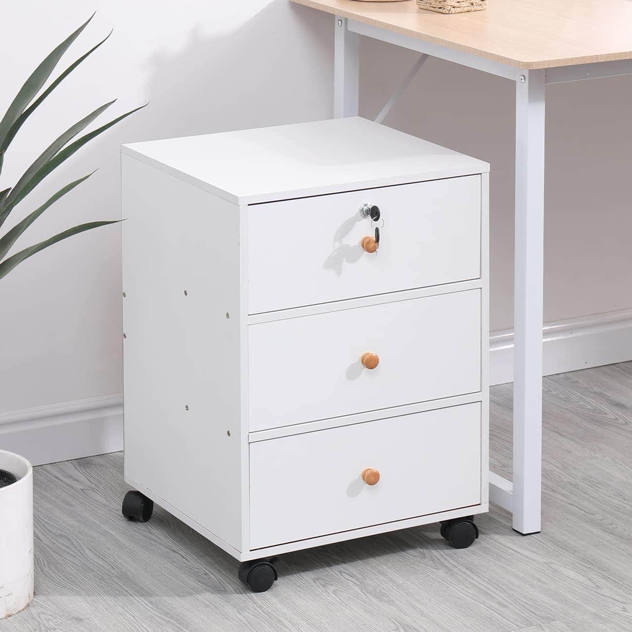 Ansley&HosHo 3-Drawer Lockable File Cabinet, White Wood, Rolling Storage