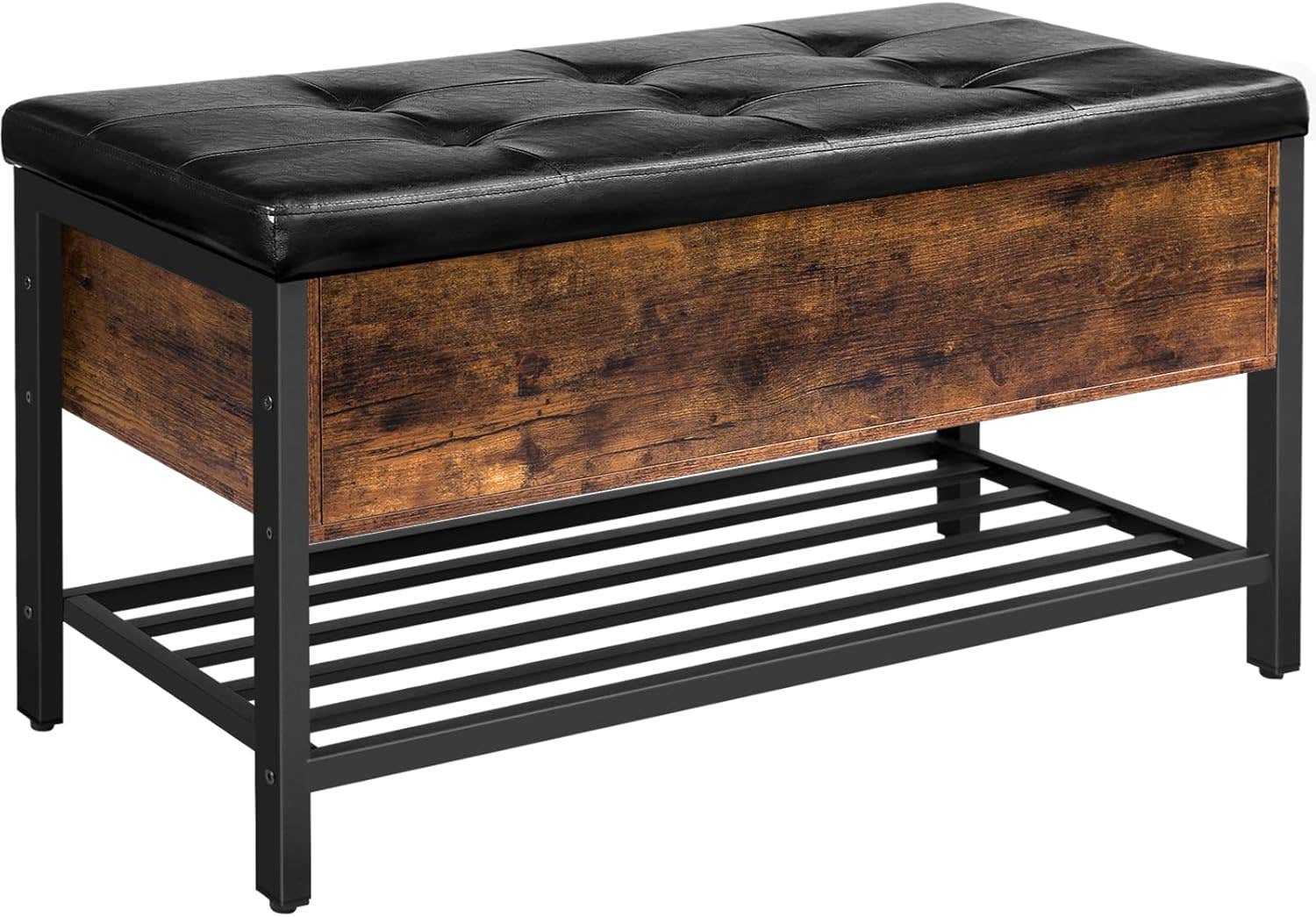 HOOBRO Rustic Brown Storage Bench with Padded Seat and Metal Shelf