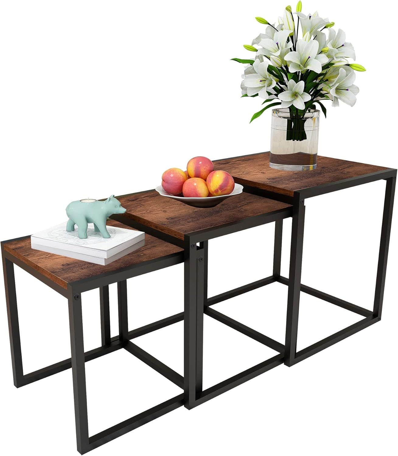 Nesting Table Set of 3 Side Tables, Coffee Table、Stacking End Table with Metal Frame,Rustic Brown