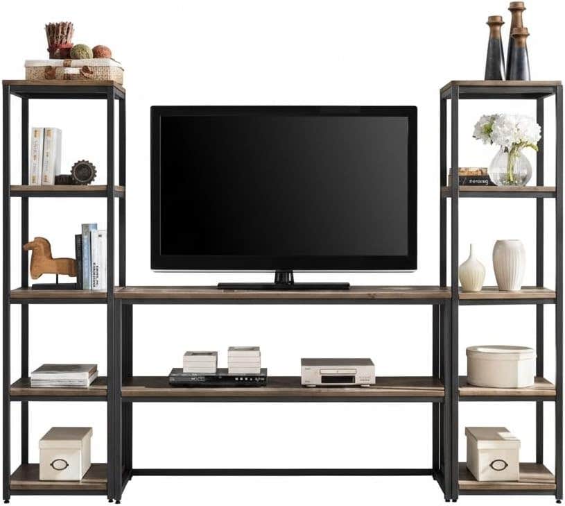 TV Table with Side Shelves, Industrial Design, Black Metal Frame with Wooden Shelves, Versatile Entertainment Unit