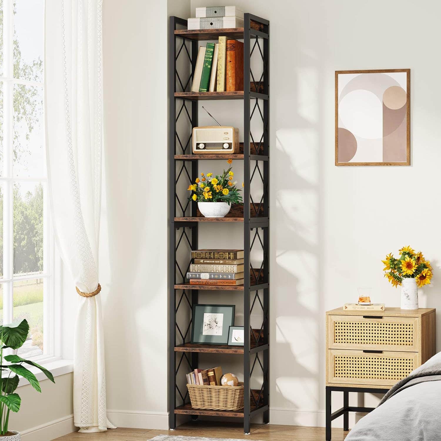 Tribesigns 7-Tier Narrow Bookshelf for Small Spaces, Rustic Brown, Freestanding Display Shelves
