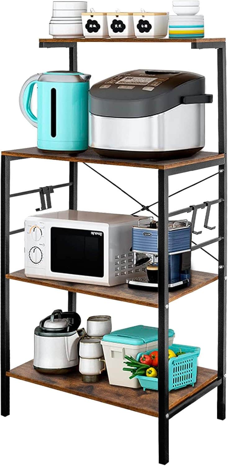 Sasoiky 4-Tier Kitchen Storage Shelf Rack, Microwave Cart, Rustic Brown
