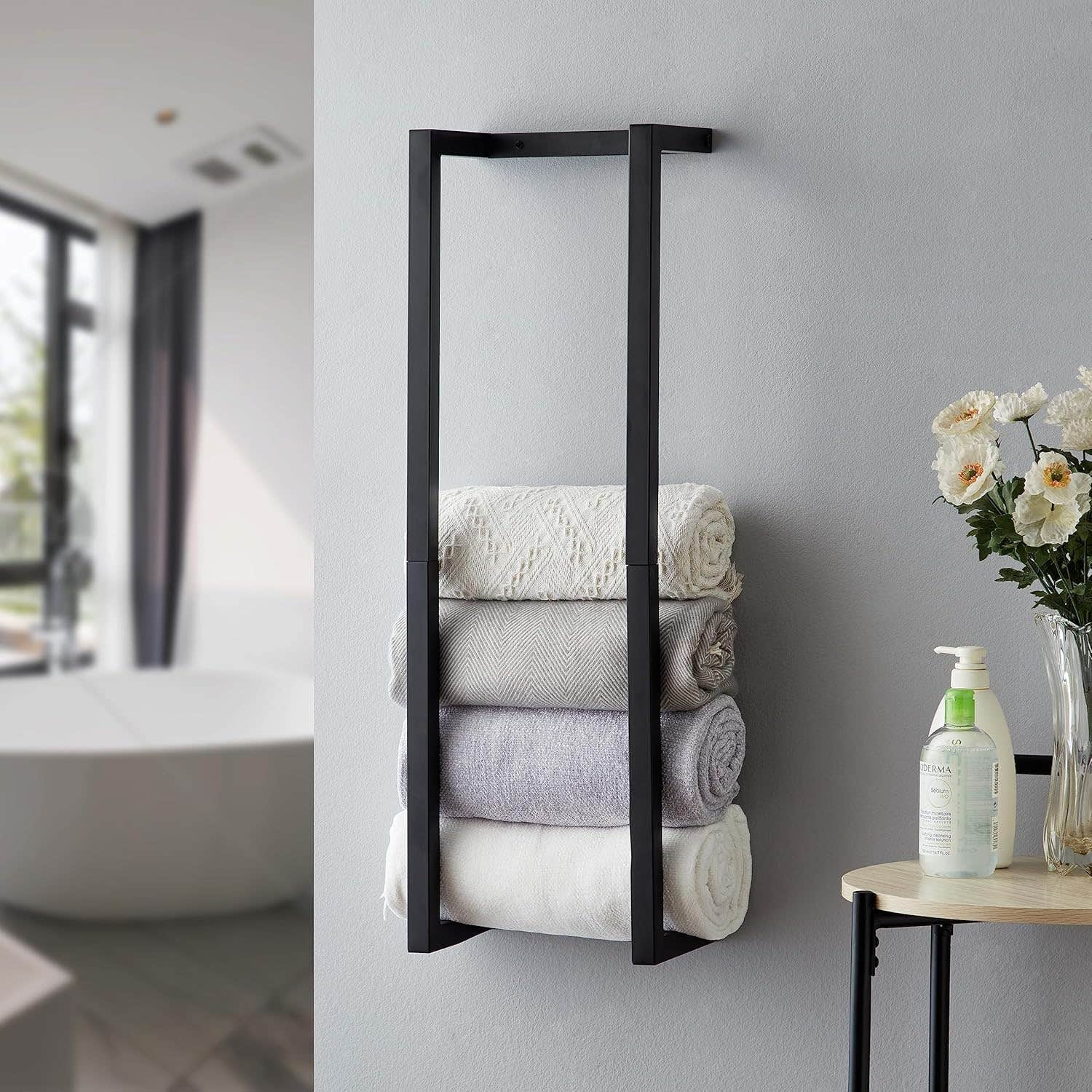 Roeveca Towel Rack for Rolled Towels, Wall Mounted Metal Bathroom Organizer, Bath Towel Holder for Modern Small Space Storage (Black)