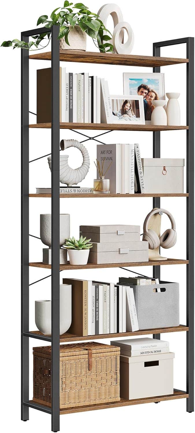 VASAGLE Bookcase, 6 Tier Shelf Unit with Steel Frame, Tall Rustic Shelves for Living Room, Office, Study Hallway, Industrial Style, 80 x 30 x 186 cm, Rustic Brown and Black LLS082B01