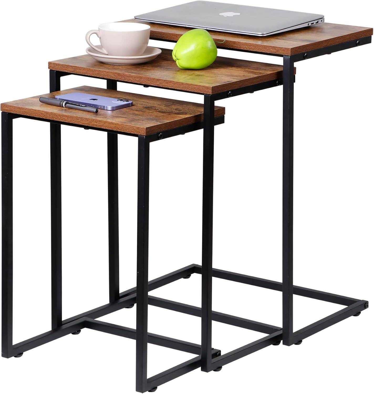 SUPER DEAL Nesting Tables Set of 3, Rustic Brown Industrial C Shaped End Table
