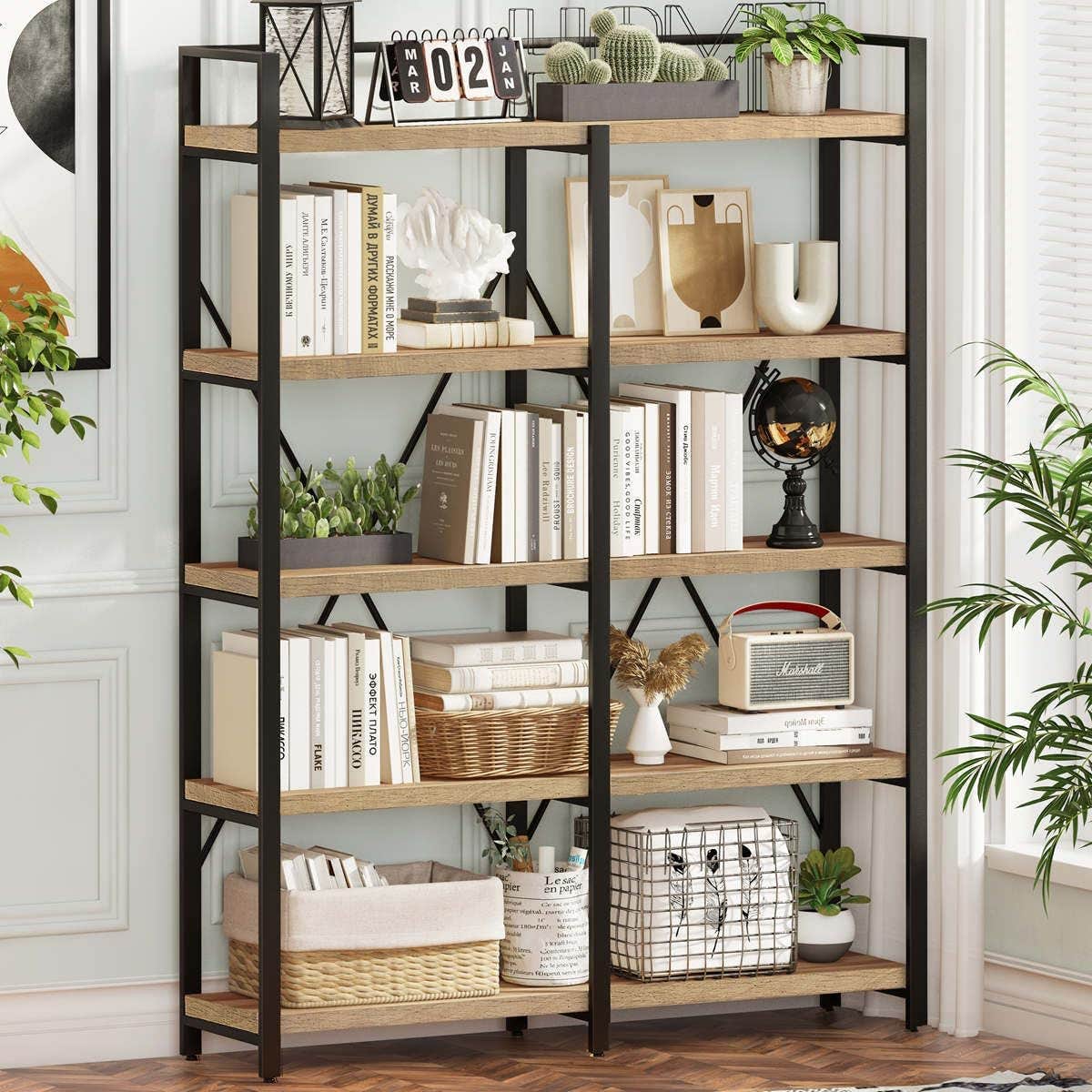 FATORRI 5 Tier Industrial Bookshelf, Rustic Oak, Large Open Shelving Unit
