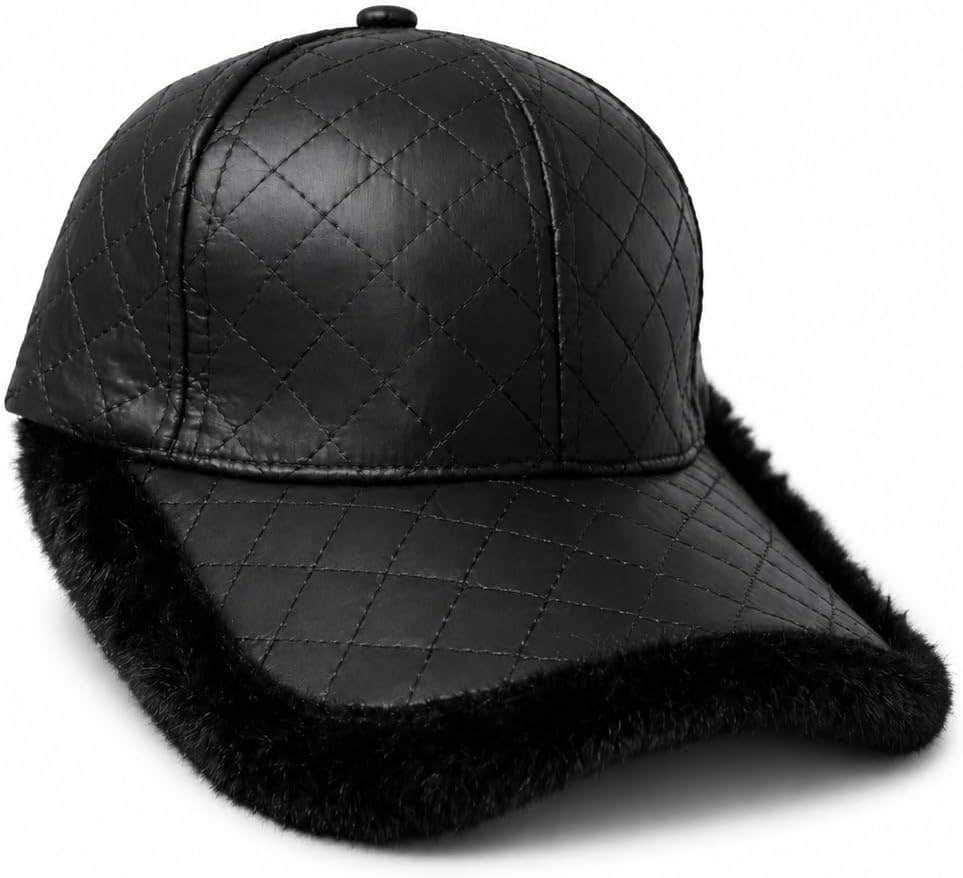 Women's Quilted Faux Leather Baseball Cap with Faux Fur Trim - Winter Warm Cap