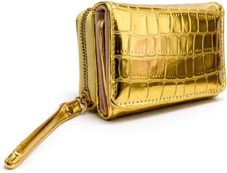 Women's Small Multi-Section Wallet with Zipper & Wrist Strap - Gold
