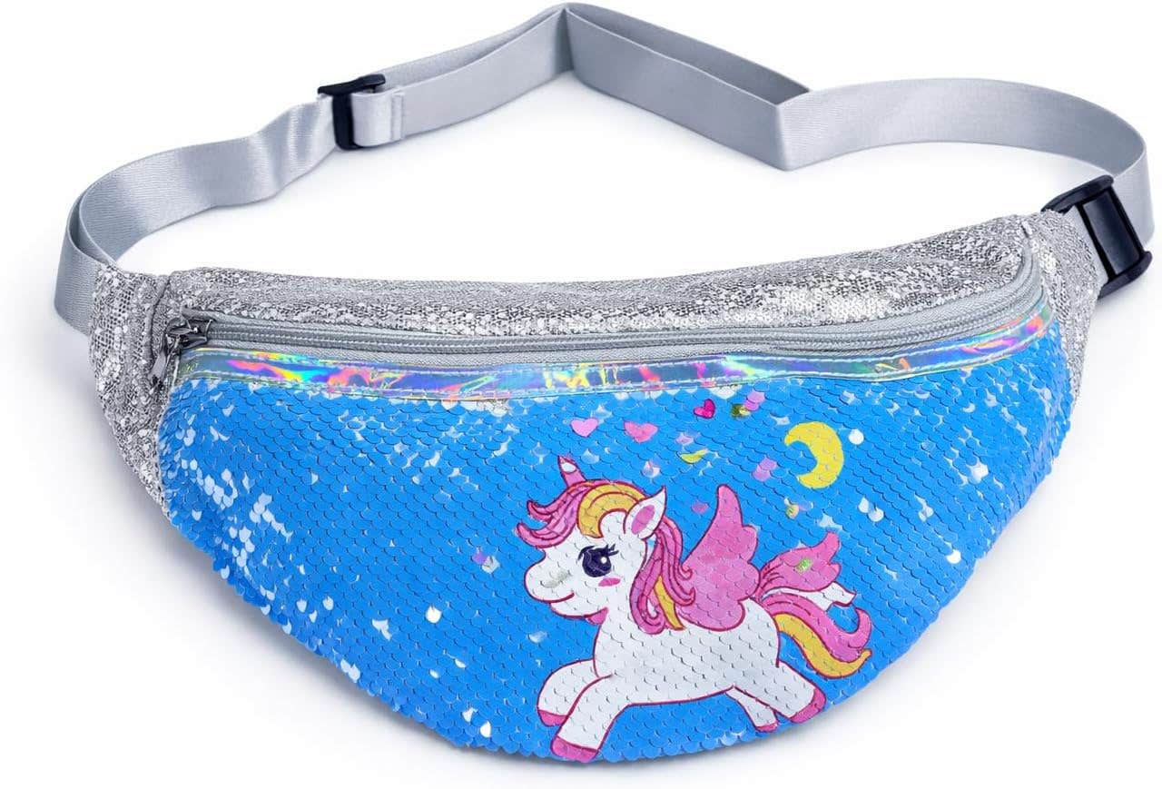 Kids Sequin Unicorn Waist Bag, Silver/Blue, Adjustable Strap