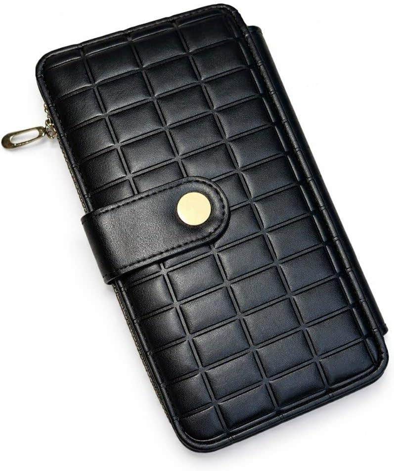 Women's Plaid Long Wallet with Card Holder, Light Pink, Gold Button Closure