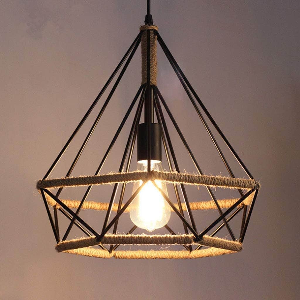 SHANZHONG Vintage Wrought Iron Pendant Lamp, Silver Metal Hemp Rope Ceiling Light