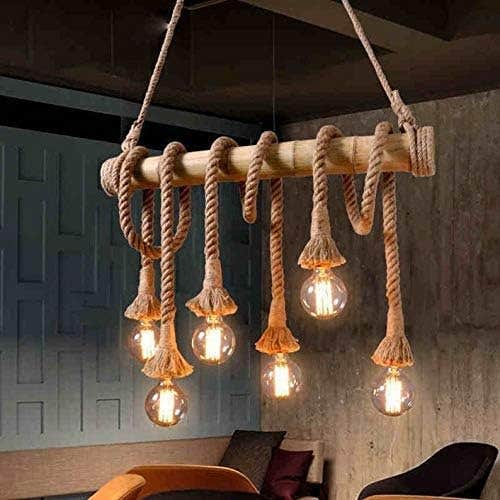 0 Watts Vintage Pendant Retro Bamboo Rope Lamp Cord Lighting Fixture 6-Light - Bulb not Included (Beige)
