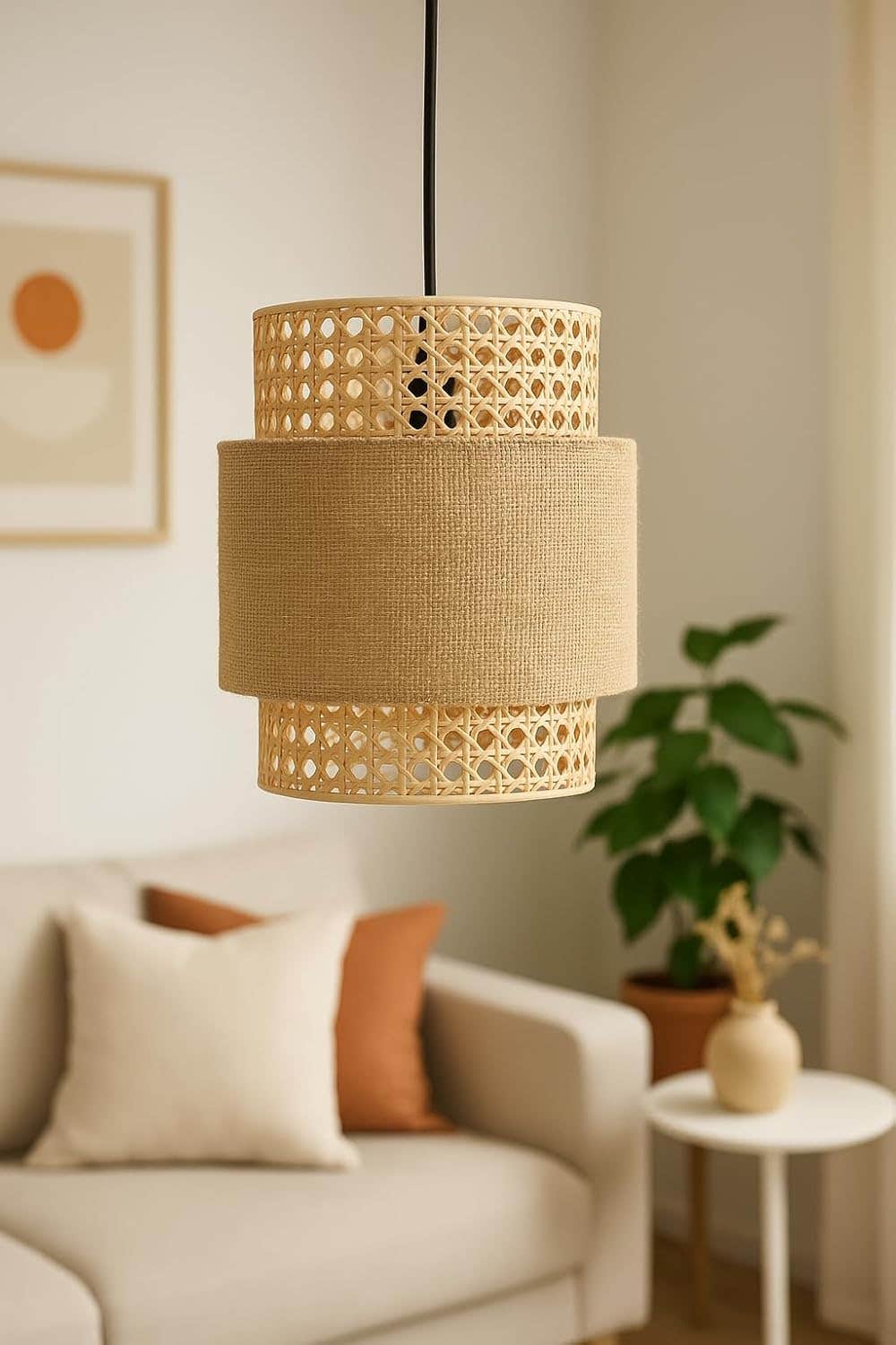 Mushkah Lighting Cylindrical Hanging Lamp with Cane Material and Burlap Rope__
