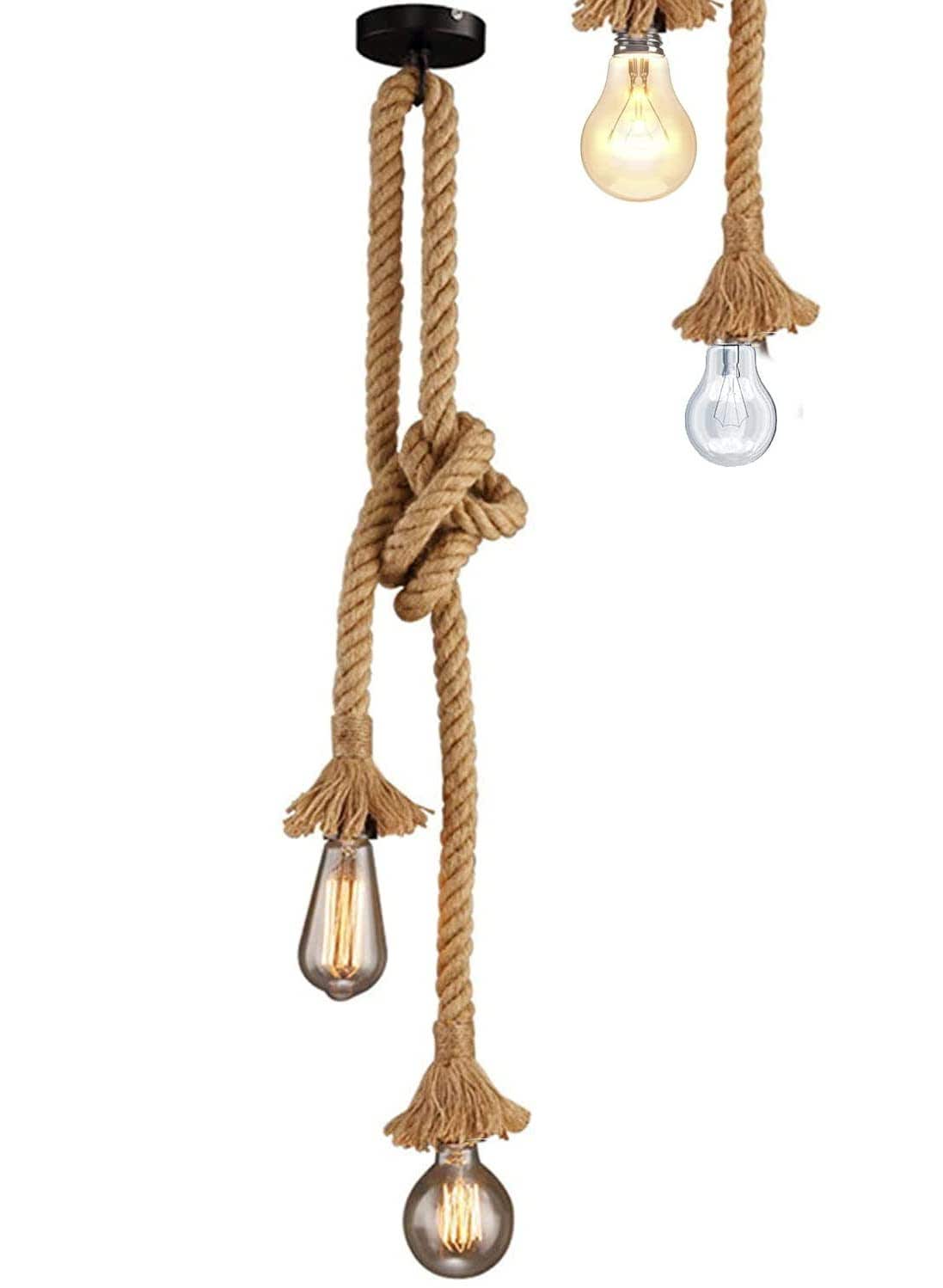 Vintage Industrial Hemp Rope Pendant Light - Double Head E27 Lamp Fixture