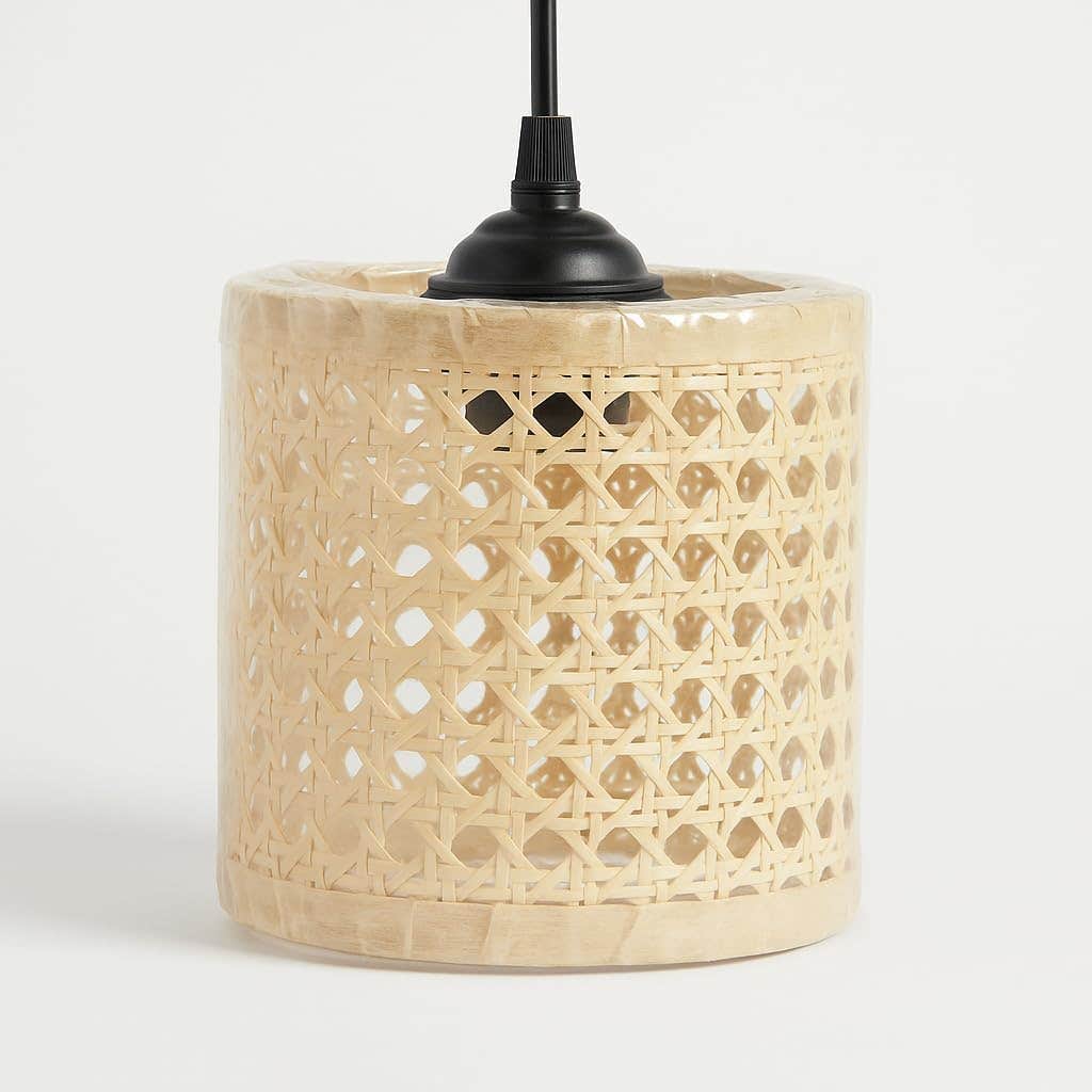 Handcrafted Perforated Wicker Cylinder Hanging Lamp - Beige - 15x15cm