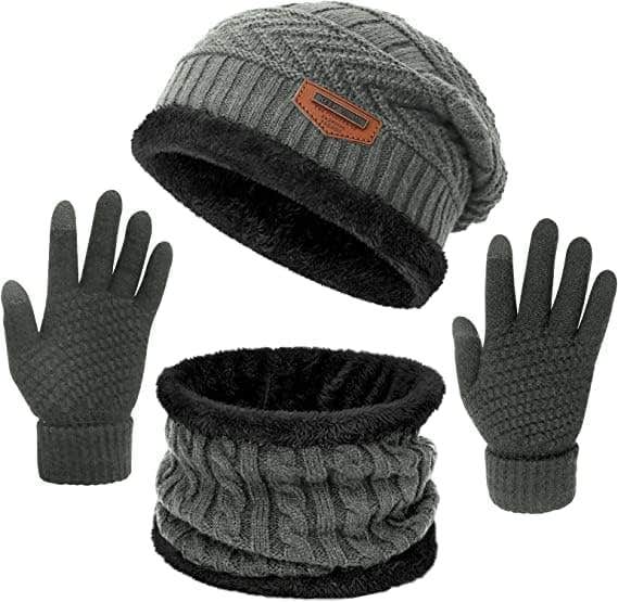 Missby Winter Knit Hat with Scarf & Touch Screen Gloves Set - Men & Women's Thick Warm 3-in-1 Kit