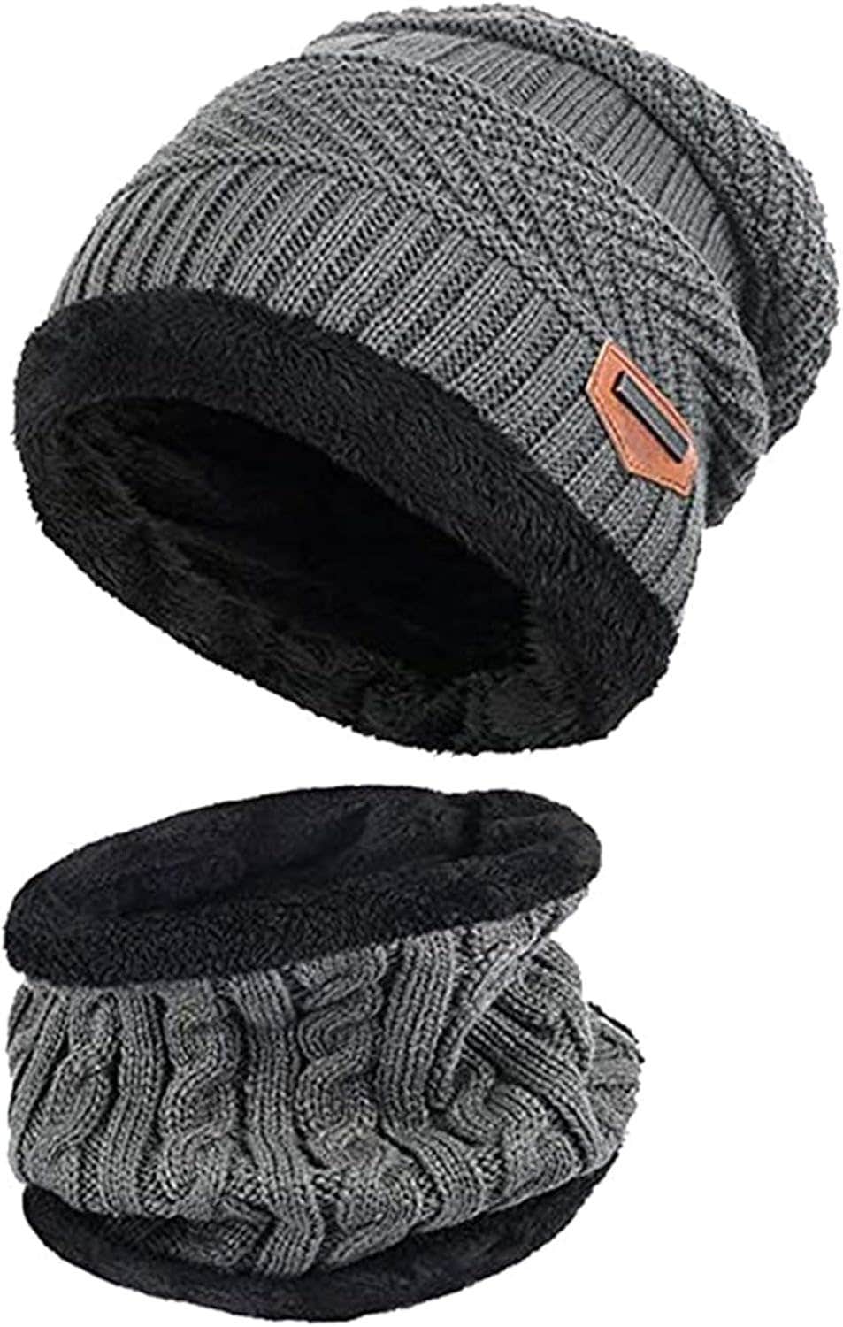 Qckarobe Knitted Winter Hat and Scarf Set - Wool Lining, Unisex, Grey - One Size