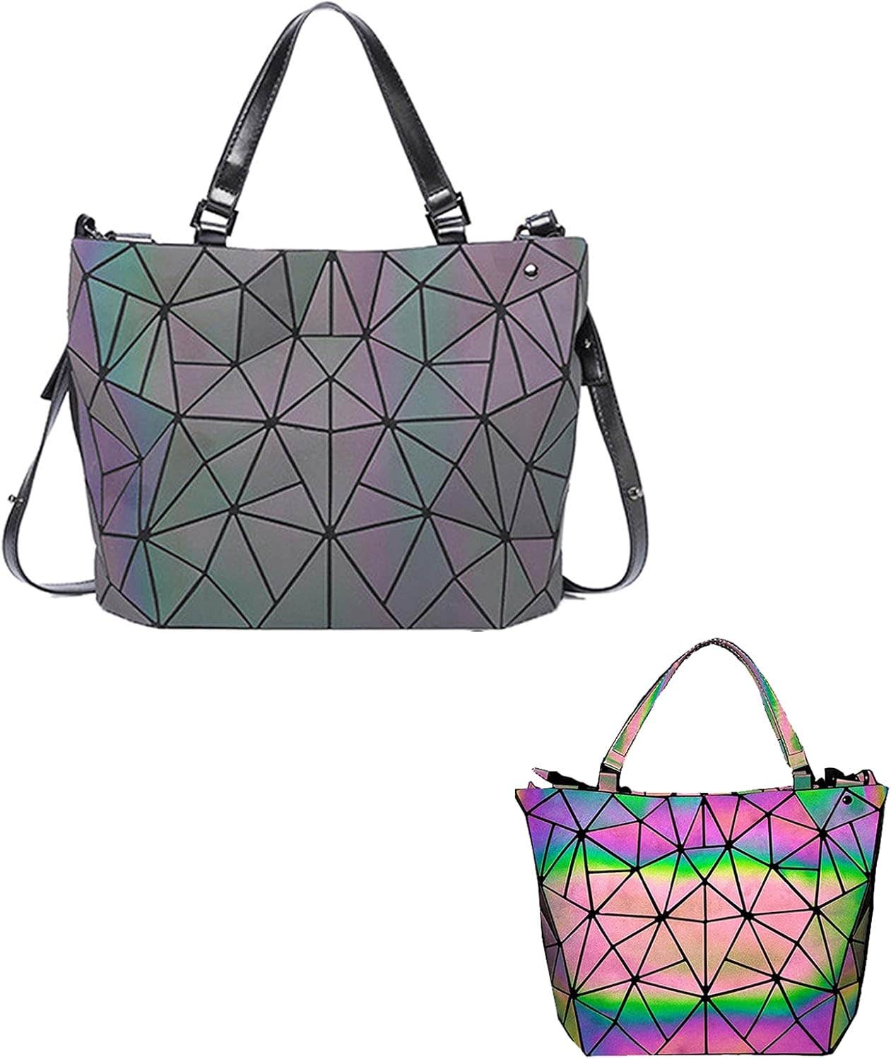 Geometric Bag Changeable shape Luminous Purses Top Handle Satchel Shoulder Large Handbags Leather Rainbow Holographic Bag, Colorful, Large