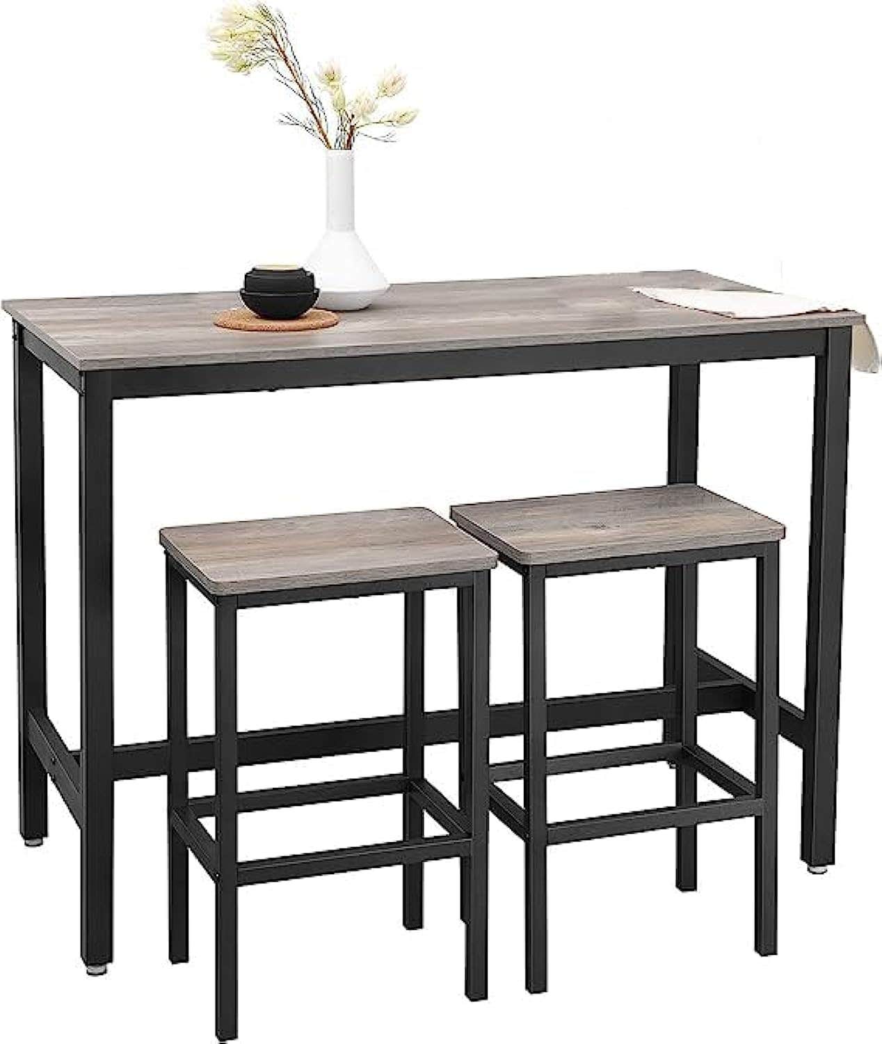 Woodx Industrial Bar Table Set with 2 Bar Stools, Greige and Black - Solid Wood Furniture
