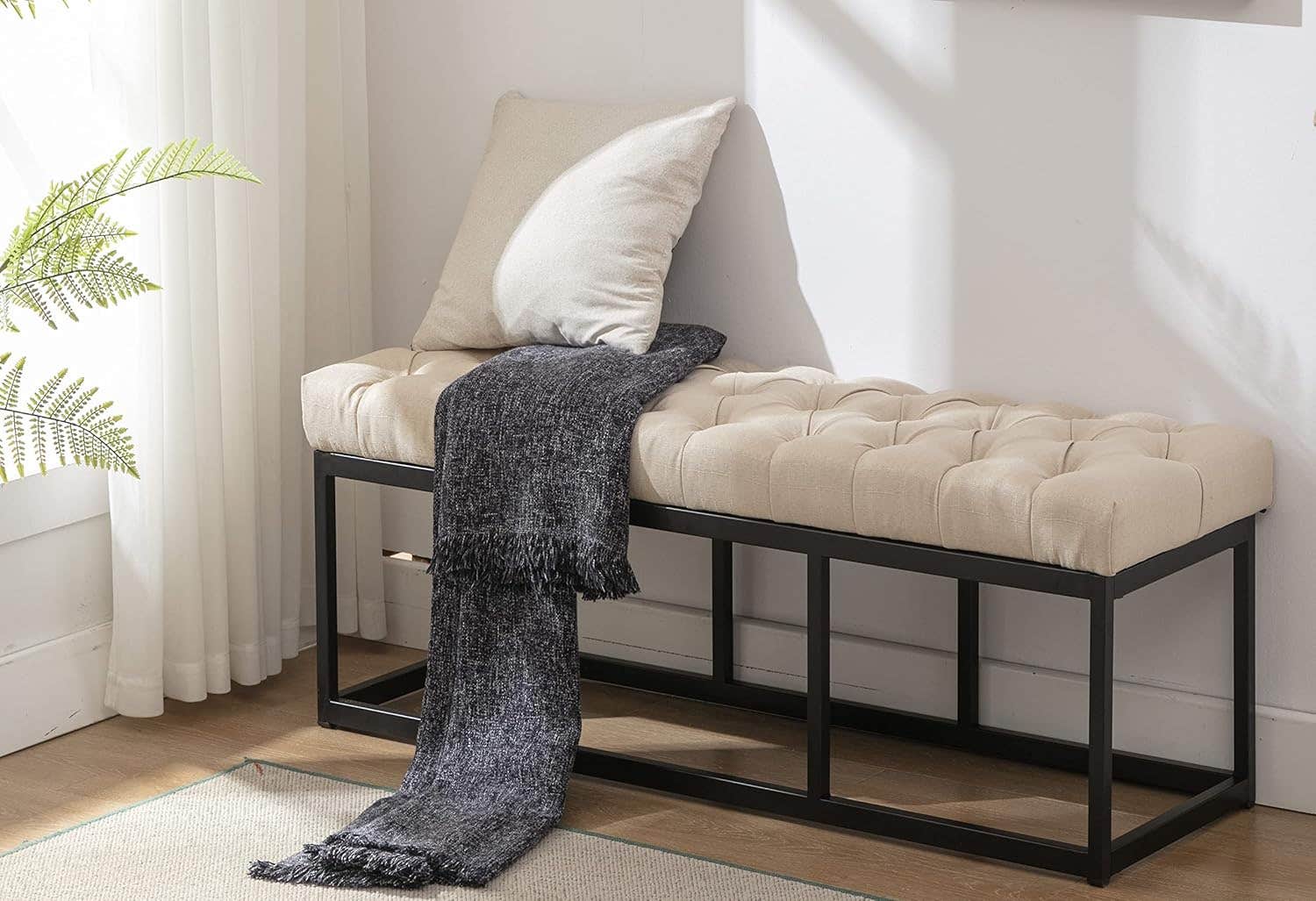 ESTGC Upholstered Beige Fabric Long Bench with Metal Leg - Bedroom & Entryway Storage