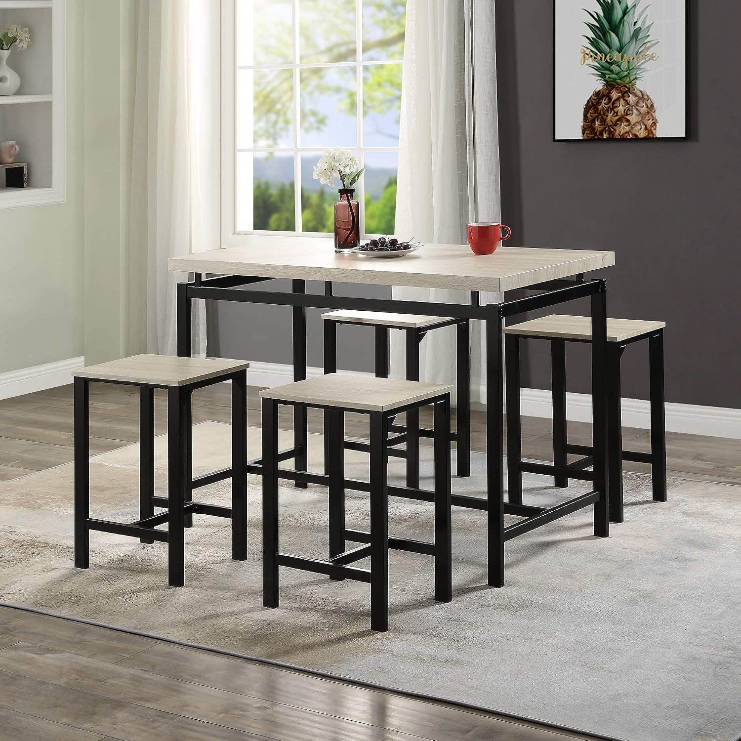 MIERES 5-Piece Dining Table Set | Metal Frame | Off-White | Sturdy & Multifunctional