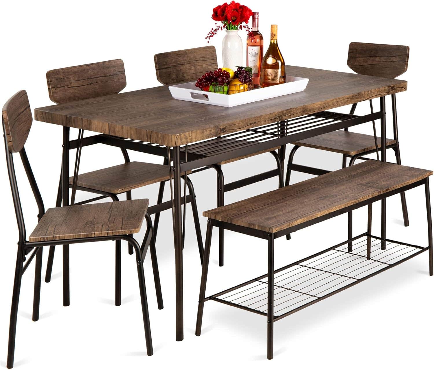 Modern 6-Piece Wooden Dining Set, Brown - Table, Bench, 4 Chairs