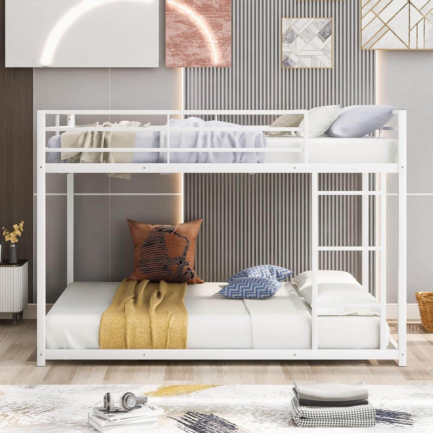 Metal Bunk Bed with Safety Guard Rails Low Bunk Bed, White