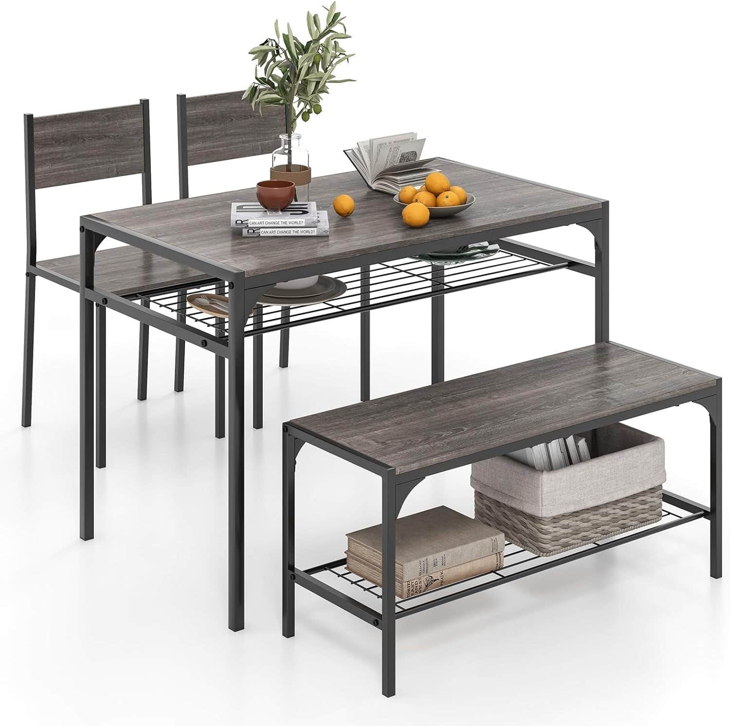 RELAX4LIFE Dining Table Set 4-Piece with 2 Chairs Bench, 2 Storage Shelves, Bar Table with Metal Frame