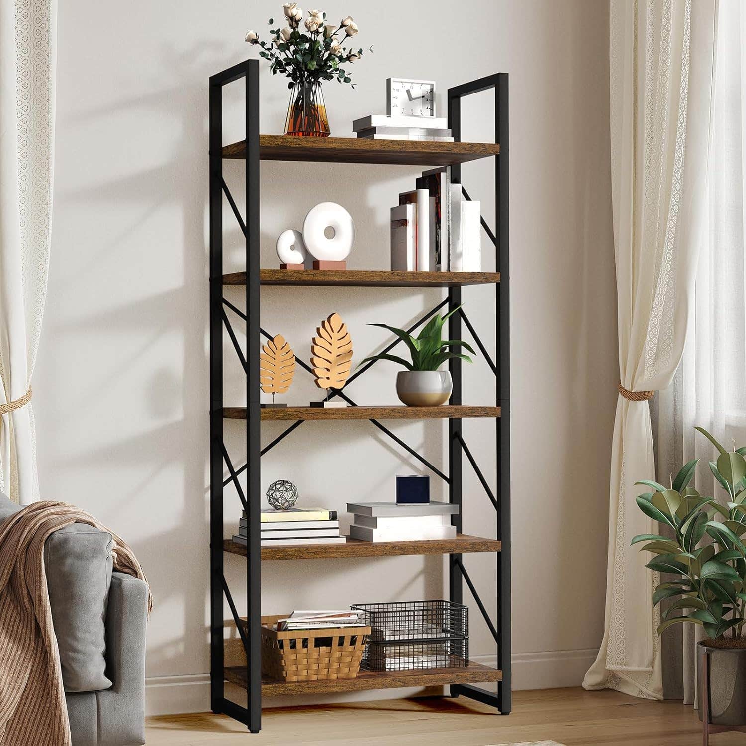 YITAHOME 5 Tier Bookcase- Artsy Modern Storage Rack, Rustic Brown