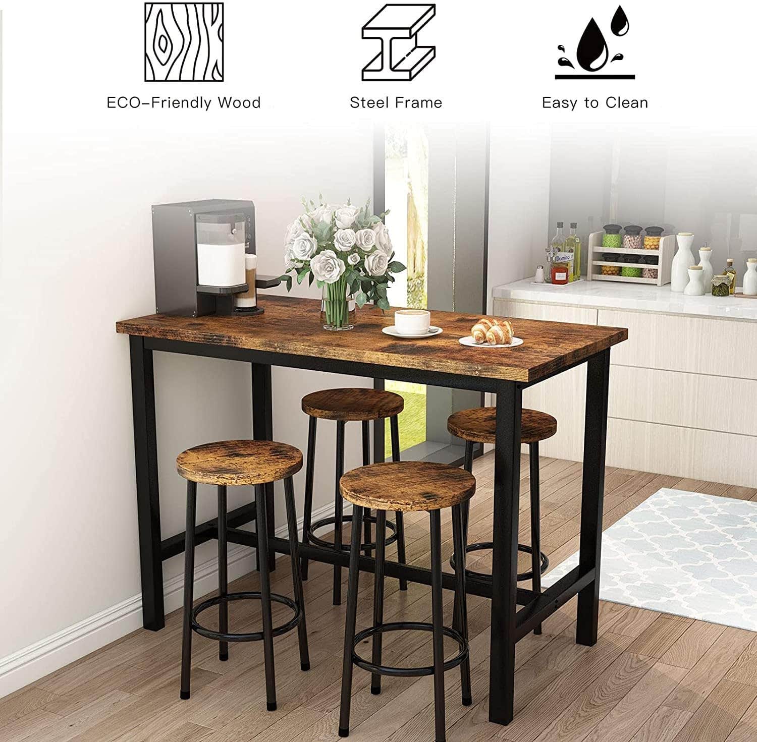 Hooseng Industrial Bar Table Set with 4 Chairs, Rustic Brown, 5-Piece Dining Set
